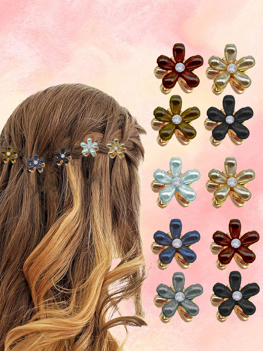 Majestique Set of 10  Multicolour Pearl Flower Hair Claw Clips