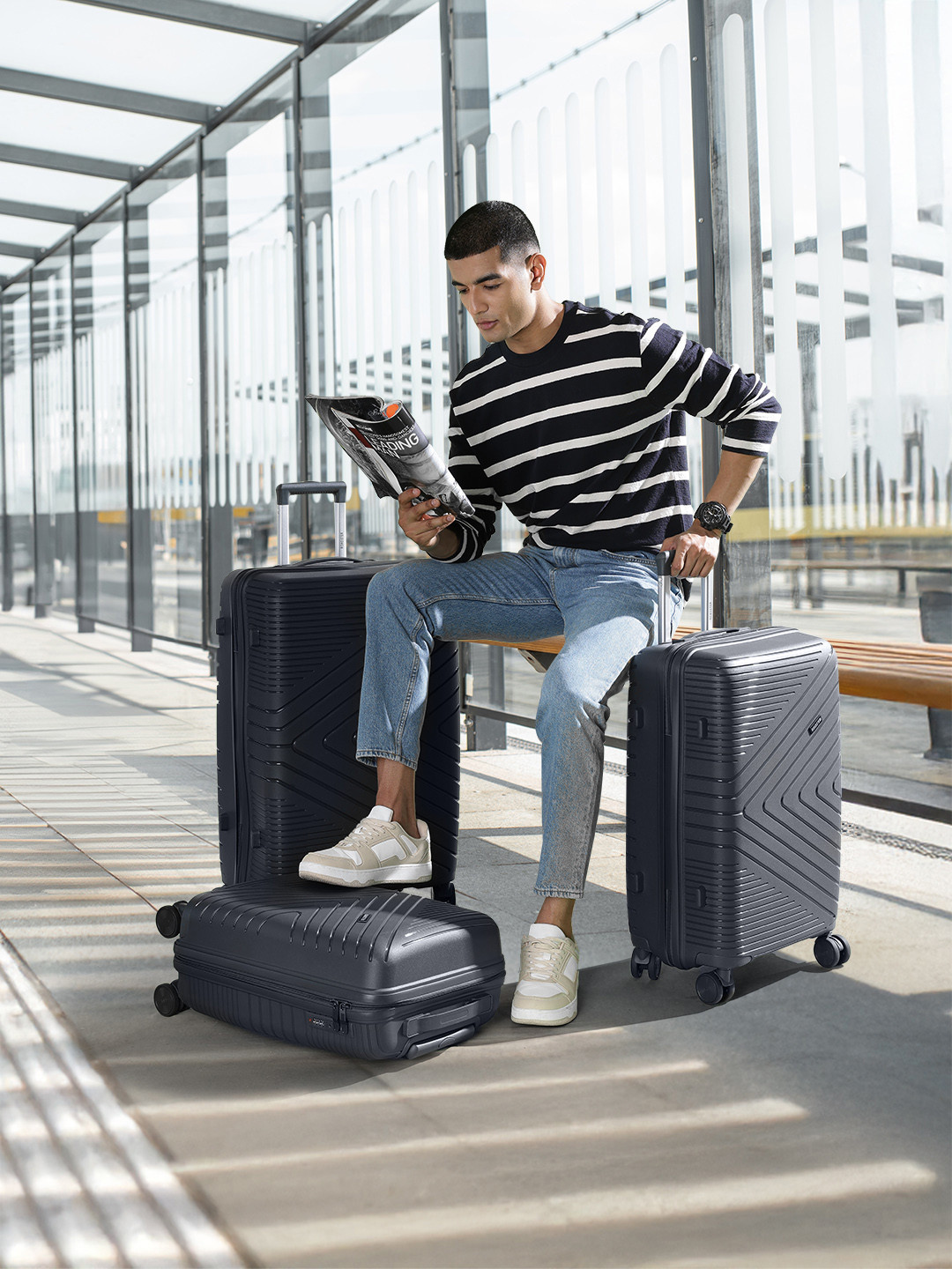 The Roadster Life Co. Set of 3 Textured 360 Degree Rotation Trolley Bag