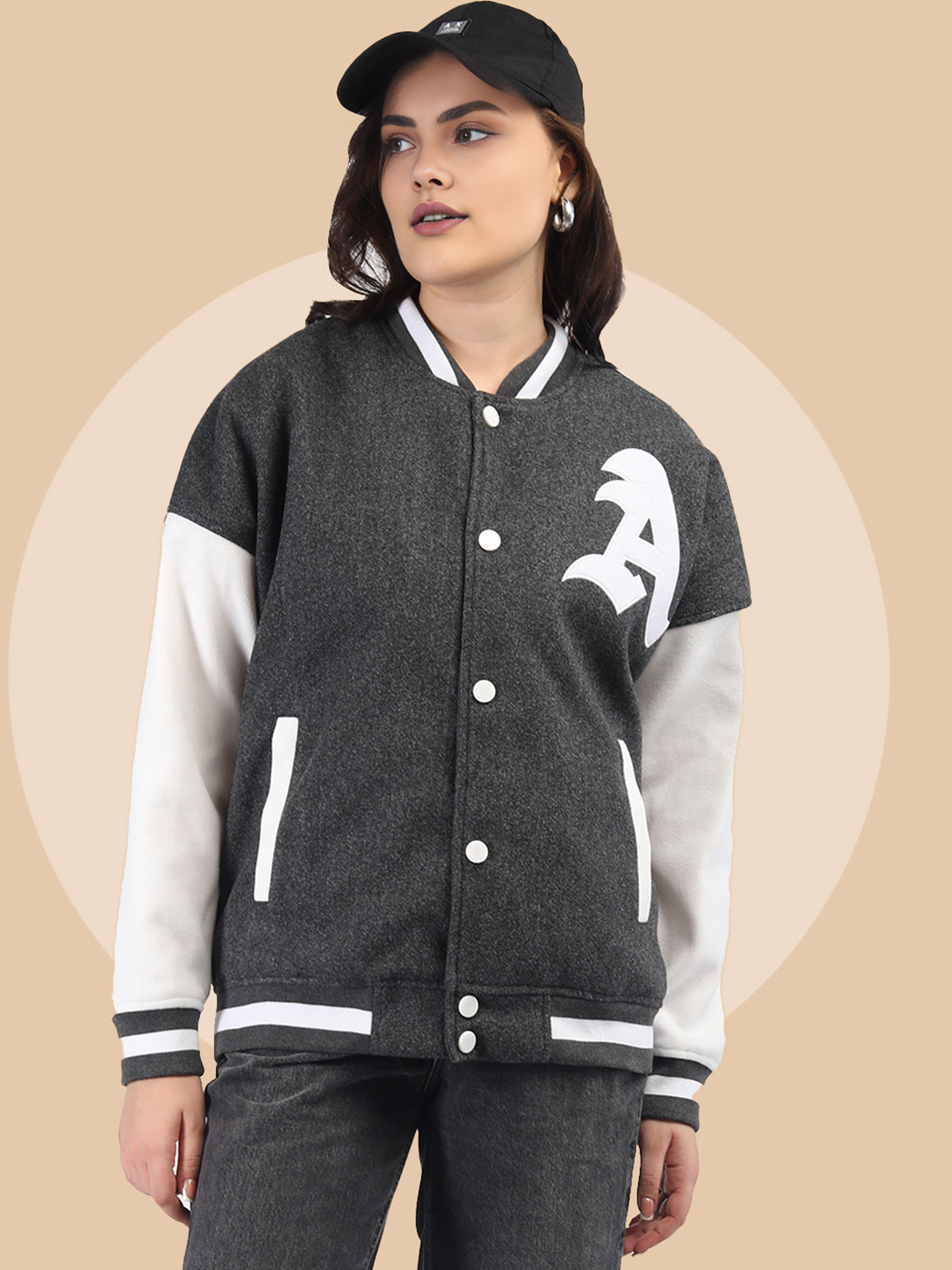 The Roadster Lifestyle Co Oversized Winter Wear Varsity Jacket With Ribbed Cuffs