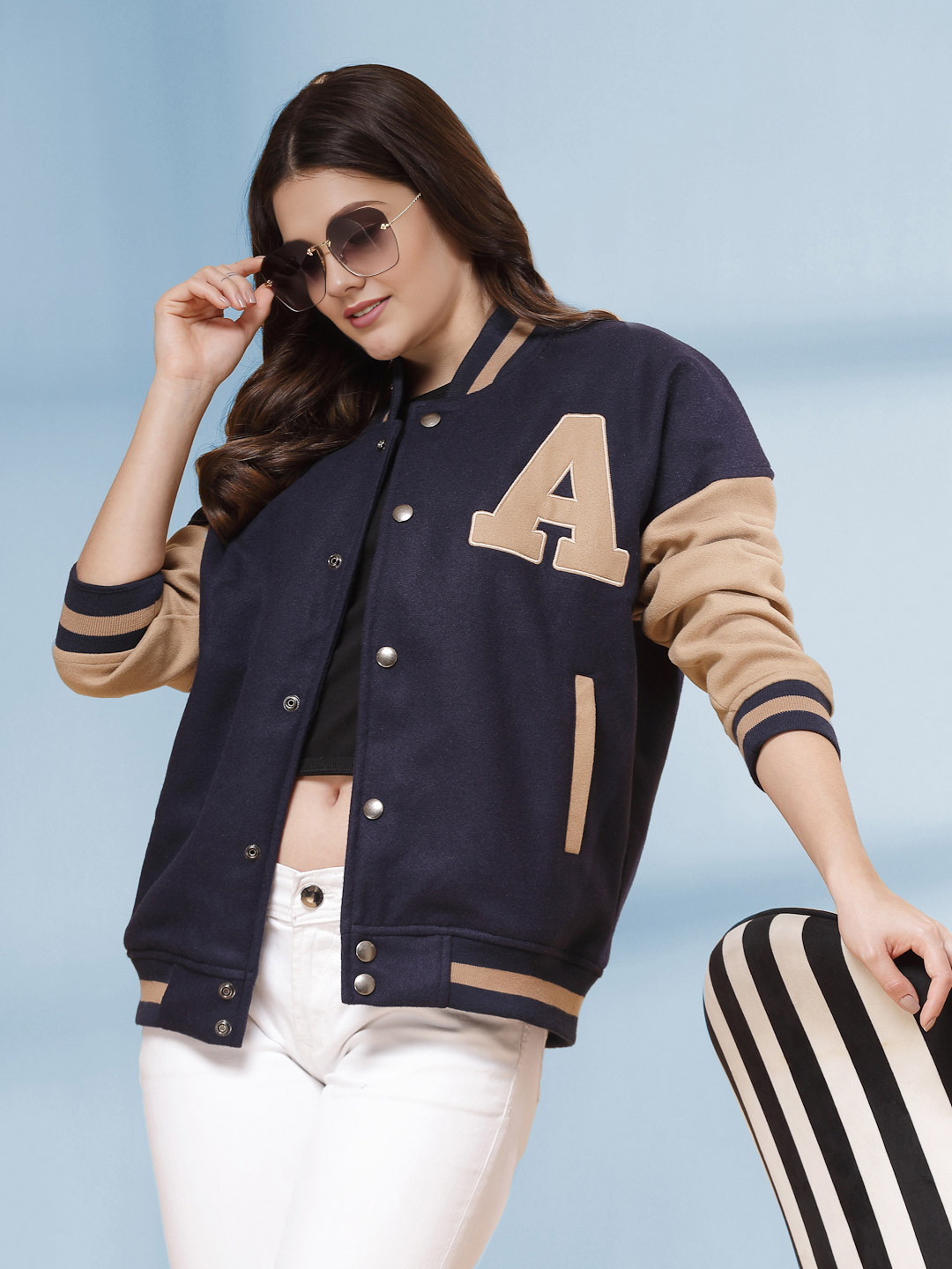 The Roadster Lifestyle Co Oversized Winter Wear Varsity Jacket with Ribbed Cuffs