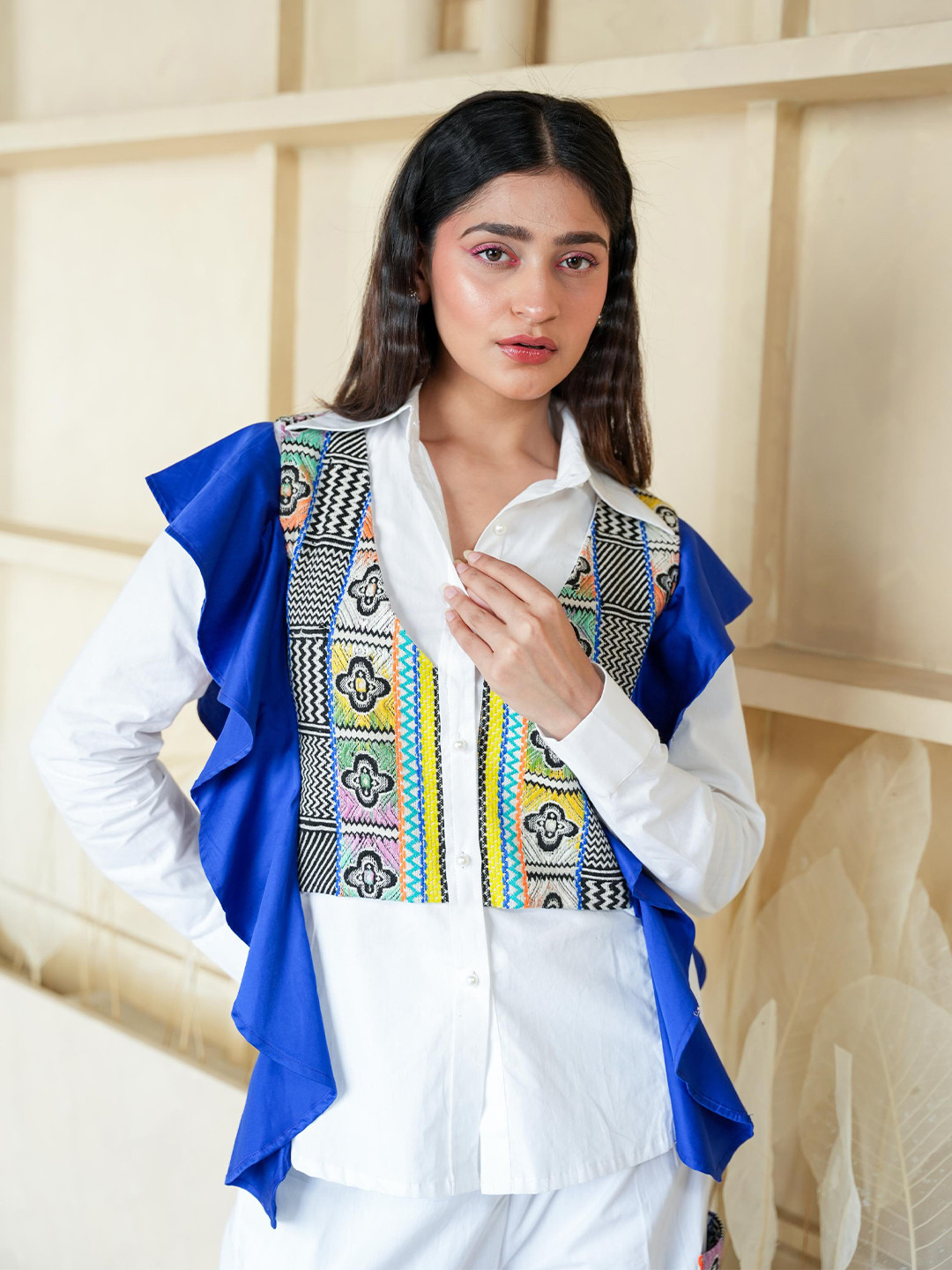 MQ Marquino Embroidered Frilled Pure Cotton Shirt With Trousers & Jacket