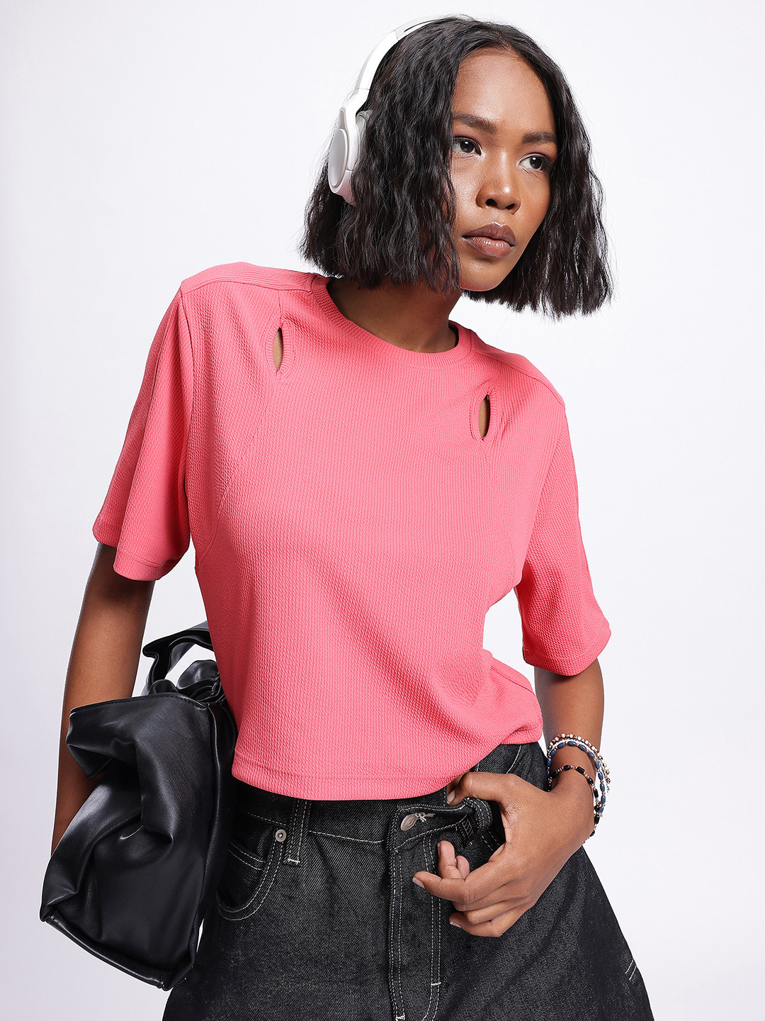 glitchez Textured Chic Cut-Out Detail Top
