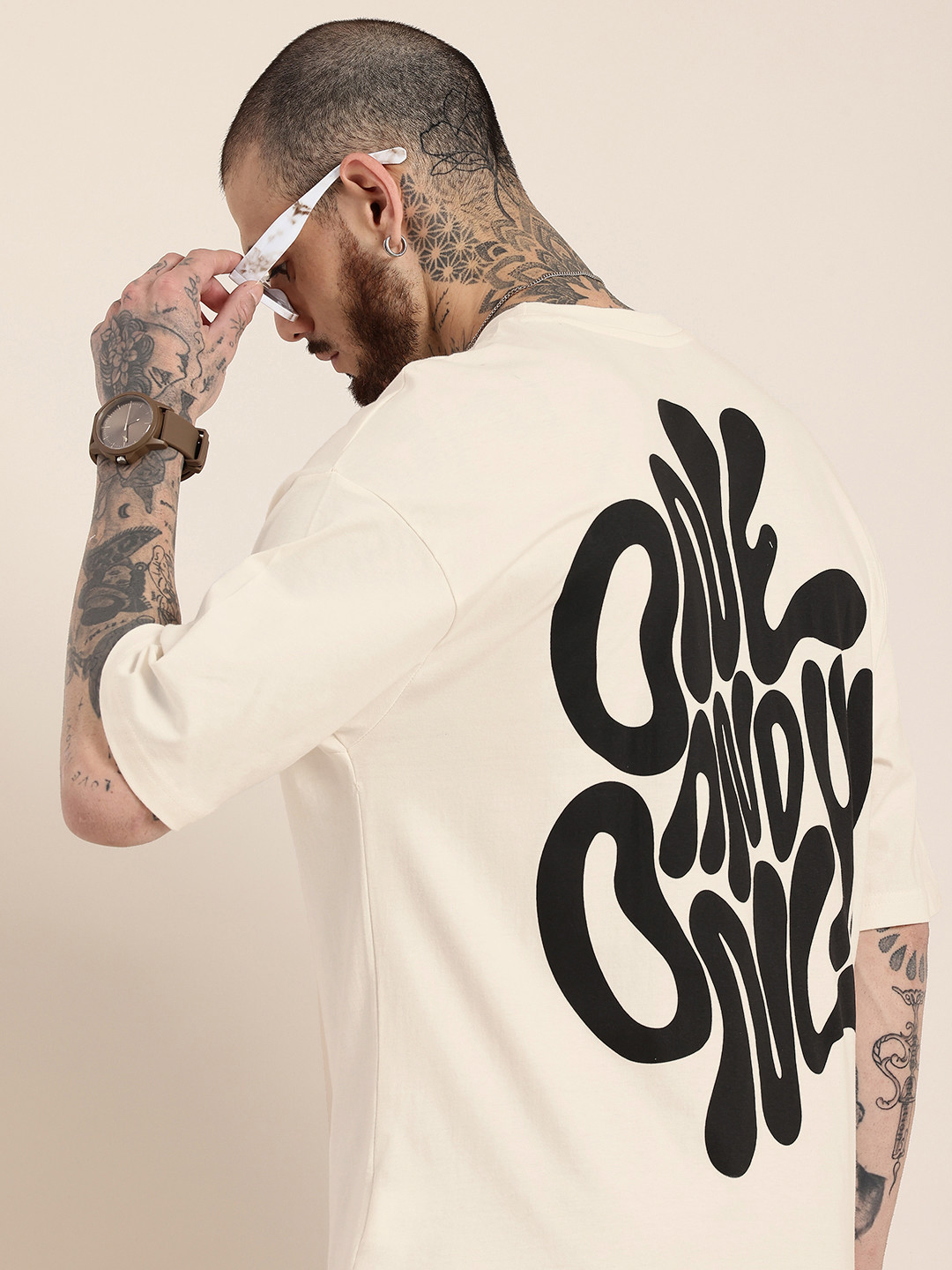 HERE&NOW Typography Printed Drop-Shoulder Sleeves Oversized Fit Pure Cotton T-shirt