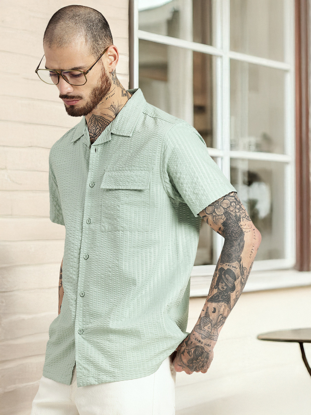 HERE&NOW Short Sleeves Seersucker Opaque Casual Shirt