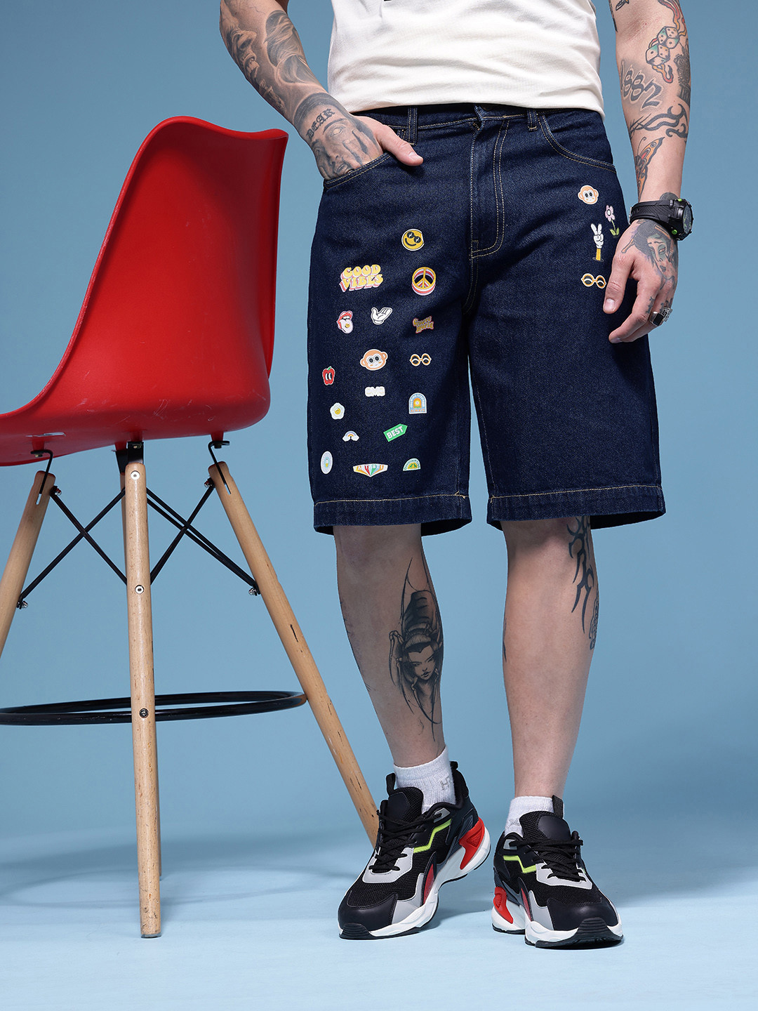 HERE&NOW Men Pure Cotton Graphic Printed Relaxed Fit Denim Shorts