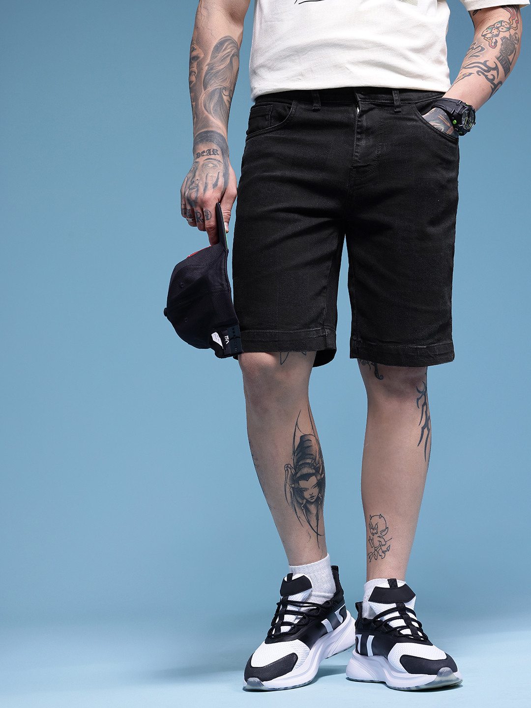 HERE&NOW Men Checked Straight Fit Denim Shorts