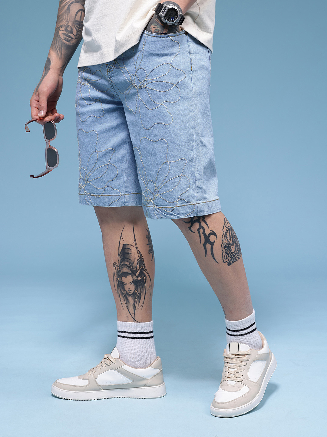HERE&NOW Men Floral Embroidered Relaxed Fit Denim Shorts