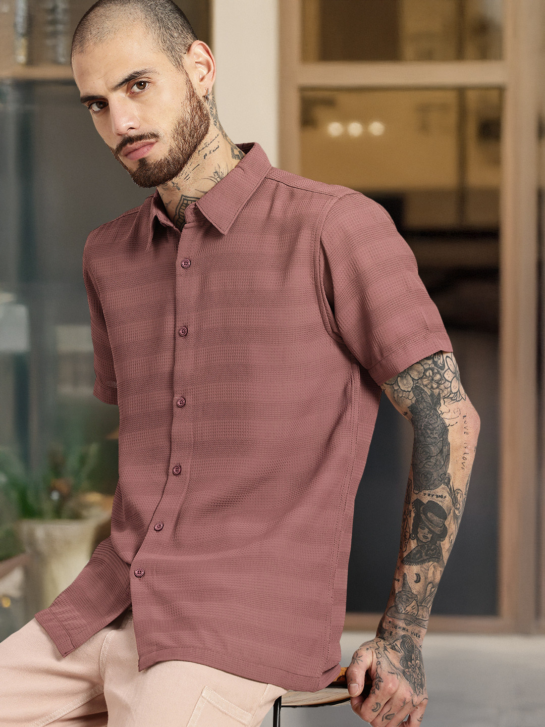 HERE&NOW Waffle Weave Textured Opaque Casual Shirt