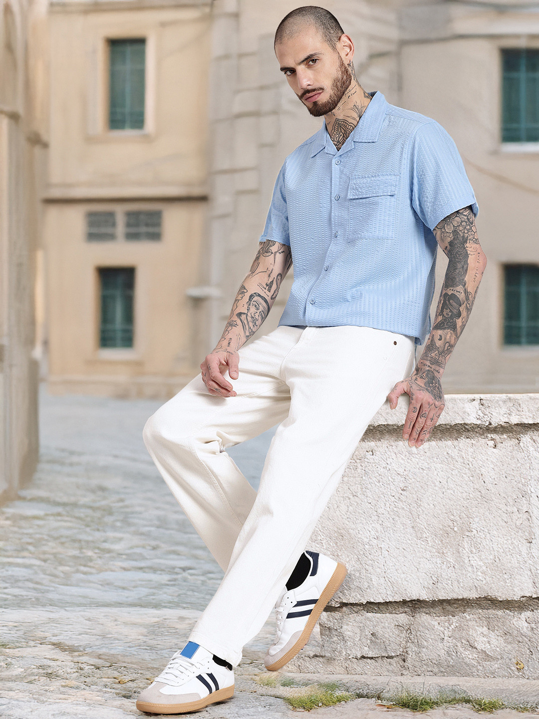 HERE&NOW Short Sleeves Seersucker Opaque Casual Shirt