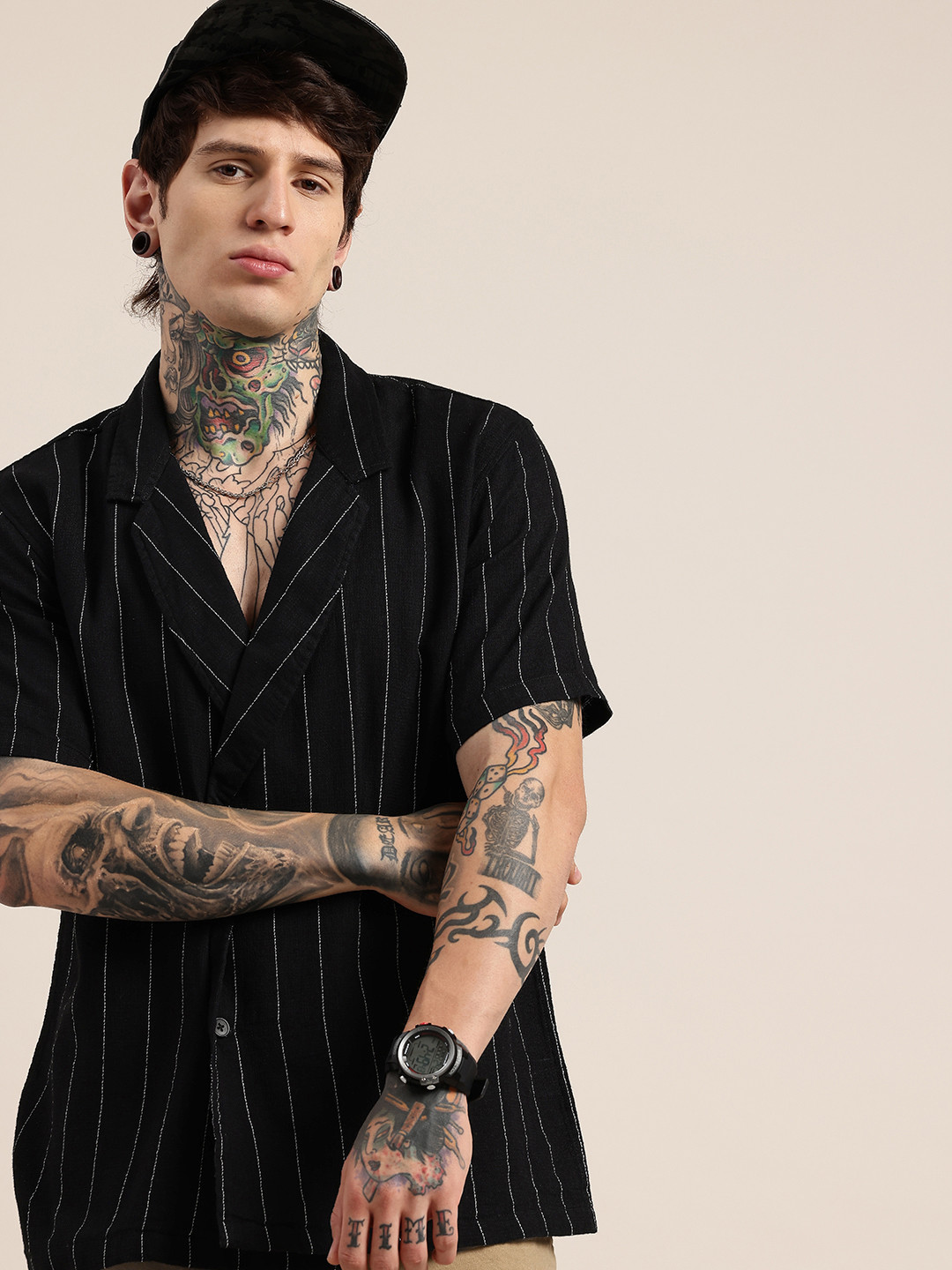 HERE&NOW Vertical Stripes Notched Lapel Collar Blazer Style Casual Shirt