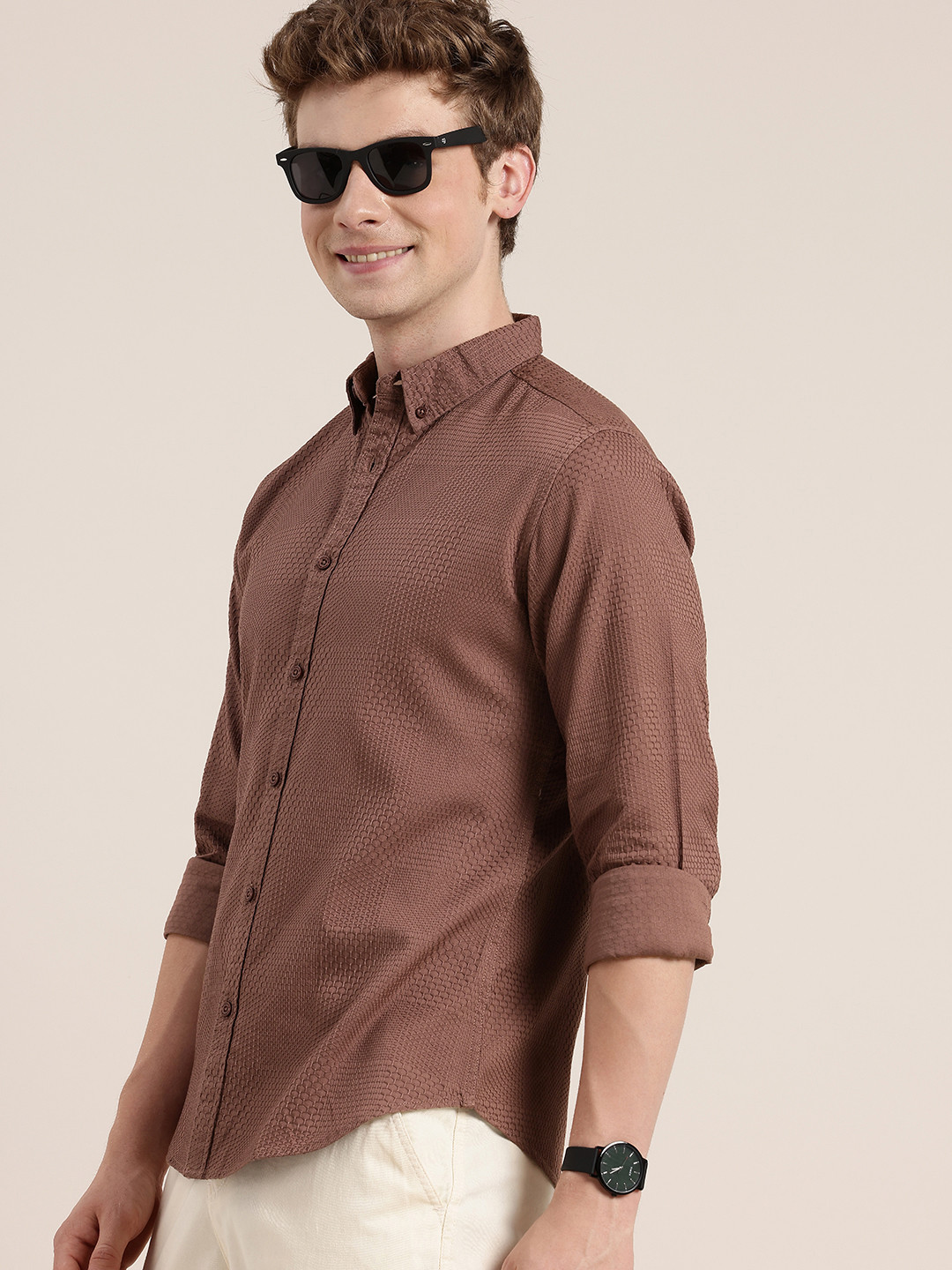 HERE&NOW Geometric Self Design Button-Down Collar Pure Cotton Casual Shirt