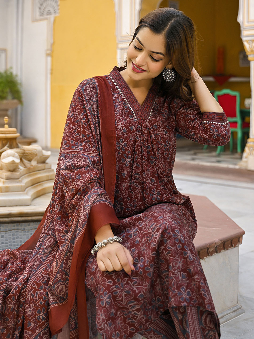 KALINI Floral Printed Pleated Kurta with Trouser & Dupatta