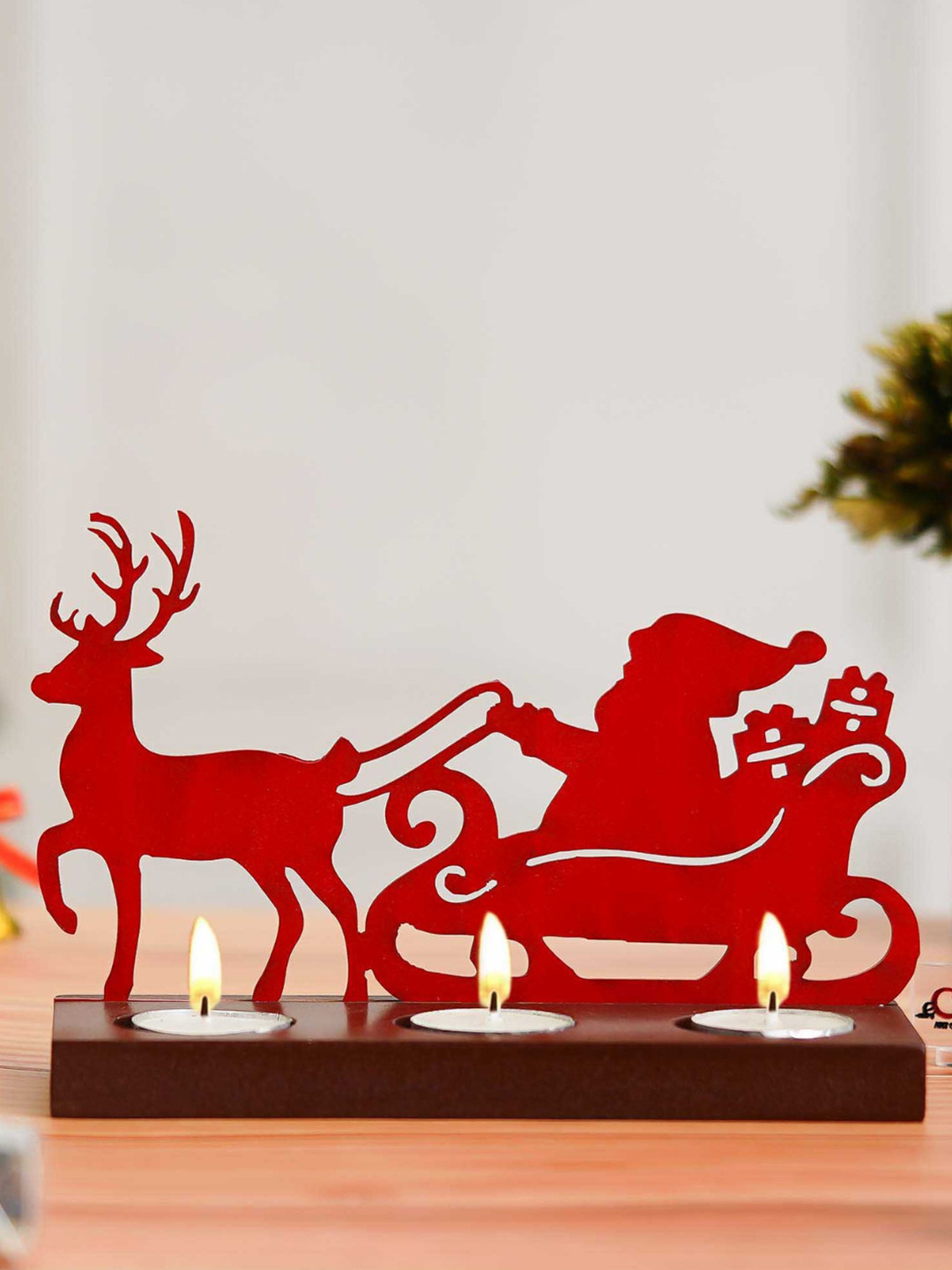 eCraftIndia Red & Brown Santa Clause Reindeer Sleigh Wooden Candle Holder