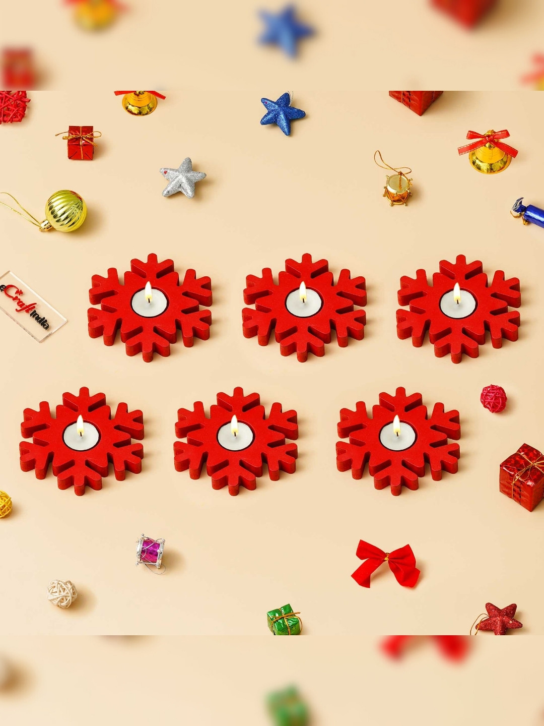 eCraftIndia Red 6 Pieces Wooden Christmas Snowflake Decorative Tea Light Candle Holders