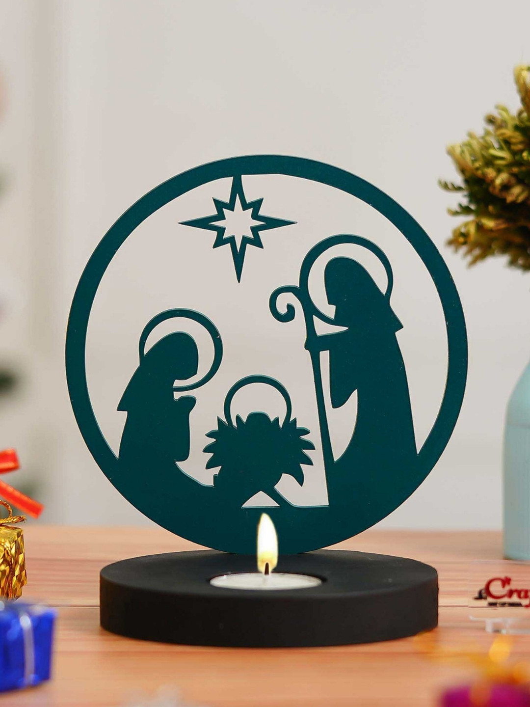 eCraftIndia Green Nativity Scene Holy Family Jesus Birth Wooden Tea Light Candle Holder