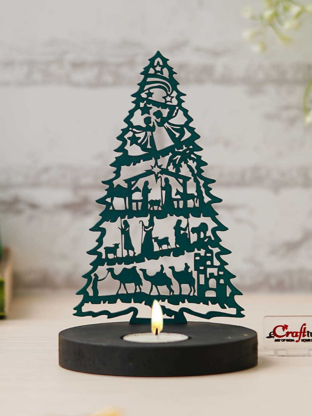eCraftIndia Green Jesus Nativity Scene Christmas Wooden Tree Tea Light Candle Holder