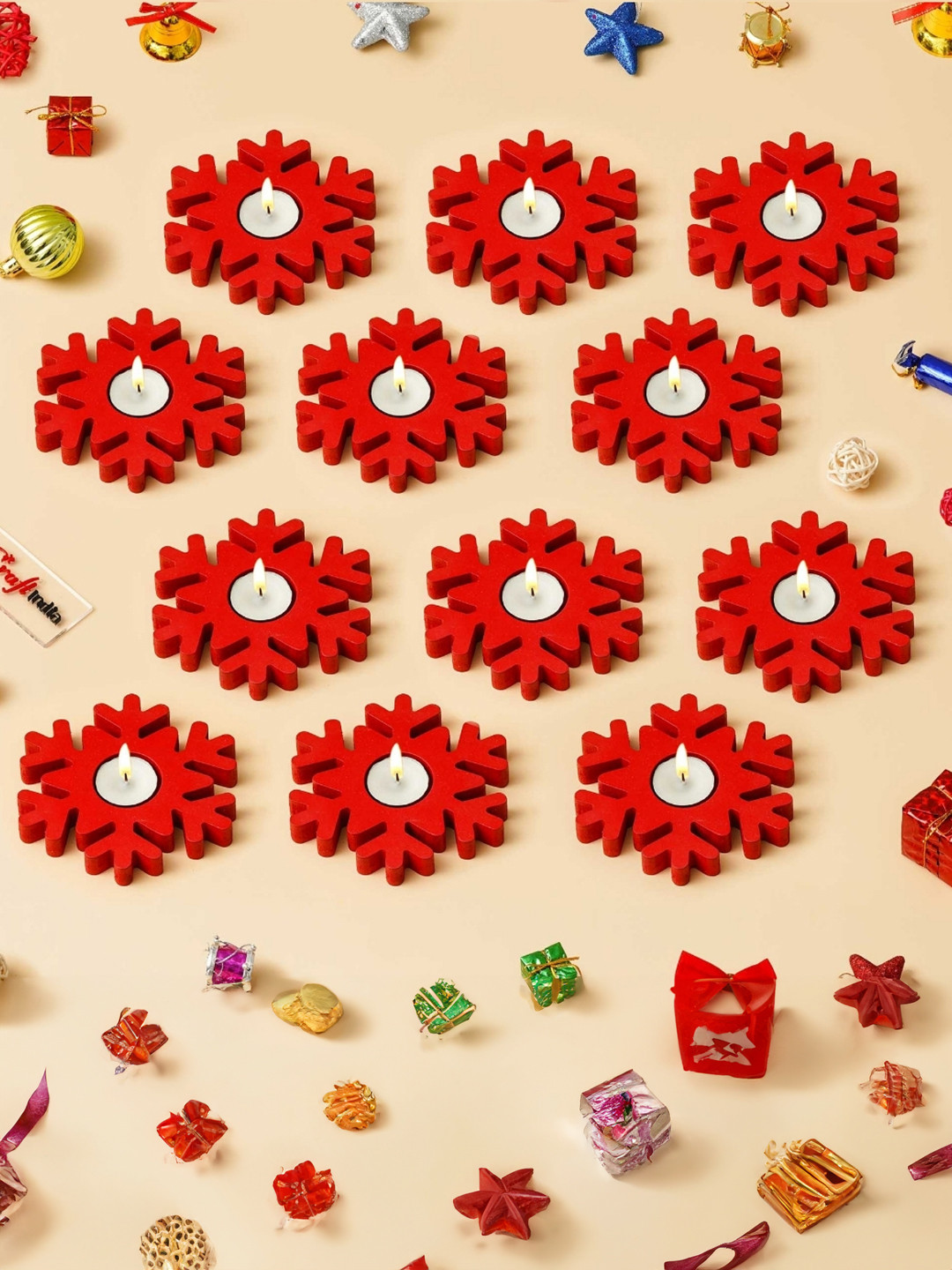 eCraftIndia Red 12 Pieces Wooden Christmas Snowflake Decorative Tea Light Candle Holders