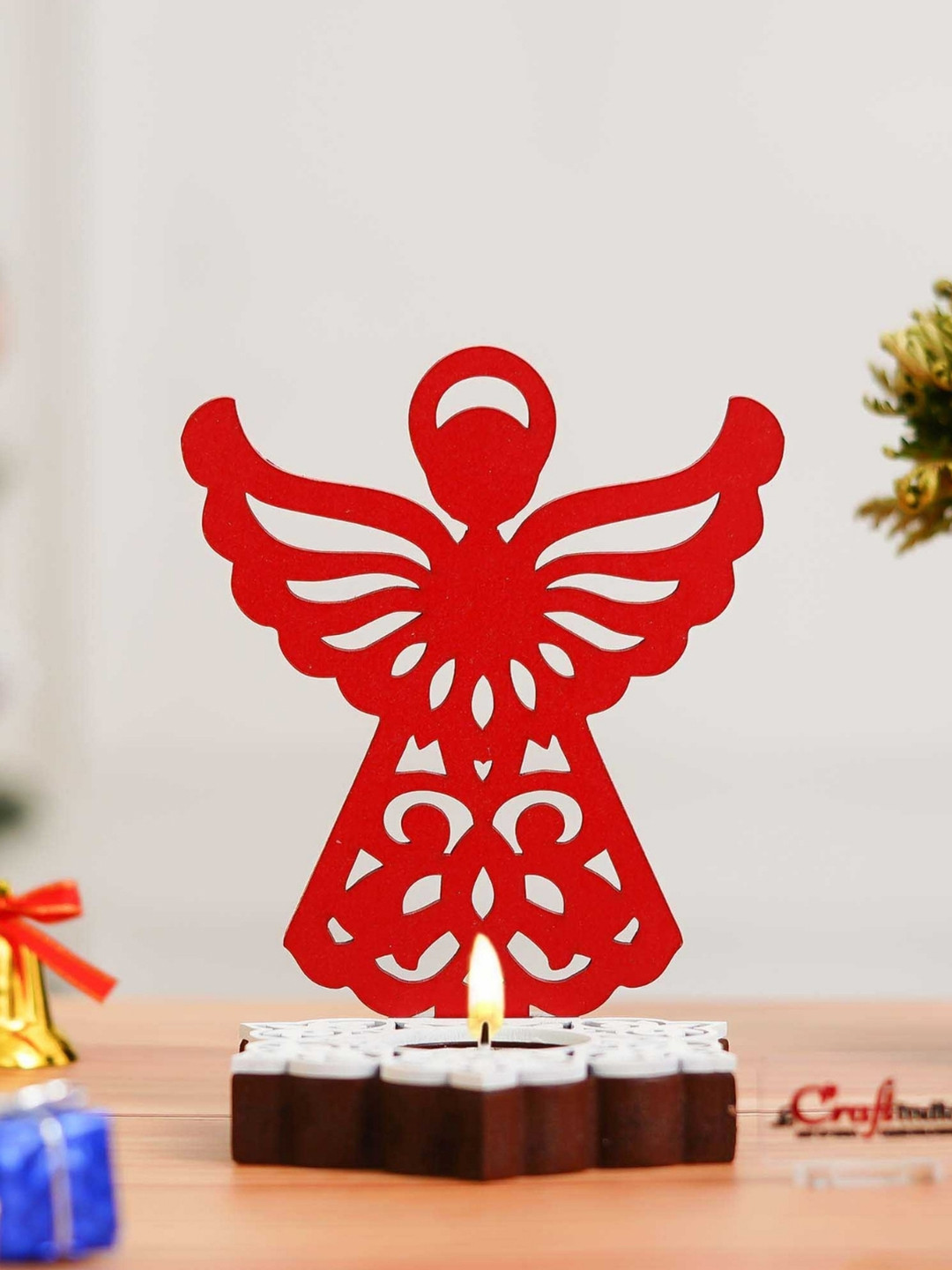 eCraftIndia Red & Brown Fairy Showpiece Wooden Tea Light Candle Holders