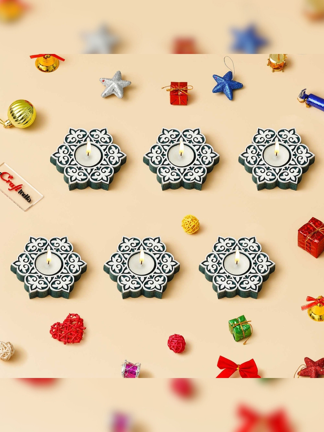 eCraftIndia Green 6 Pieces Floral Design Wooden Tea Light Candle Holder