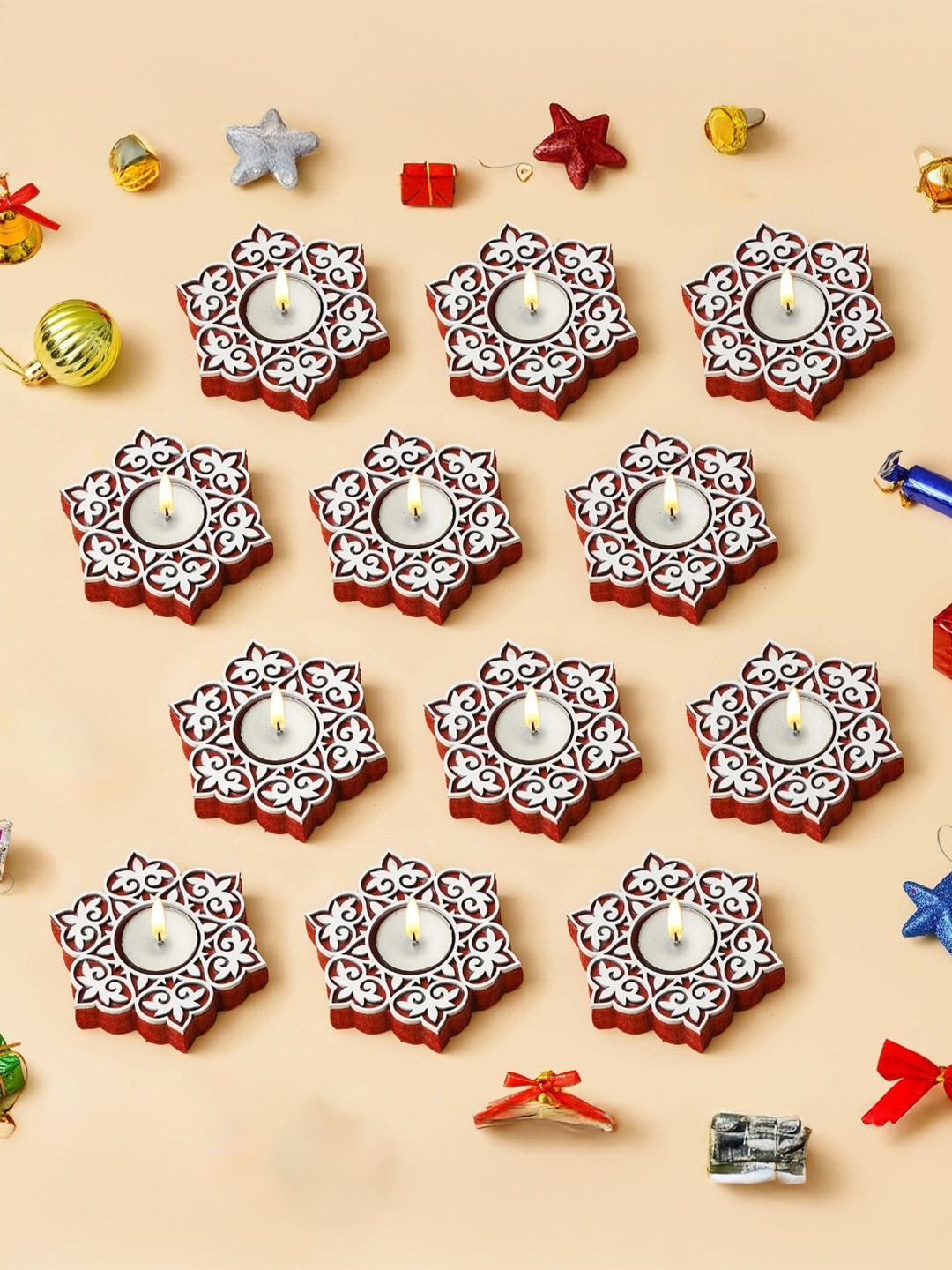 eCraftIndia Red & White 12 Pieces Floral Design Decorative Wooden Tea Light Candle Holder