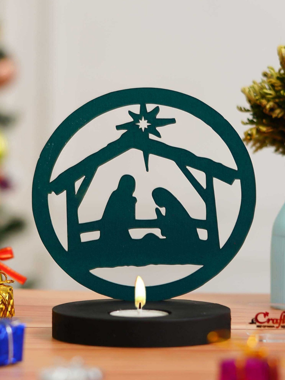 eCraftIndia Green Nativity Scene Holy Family Jesus Birth Wooden Tea Light Candle Holder
