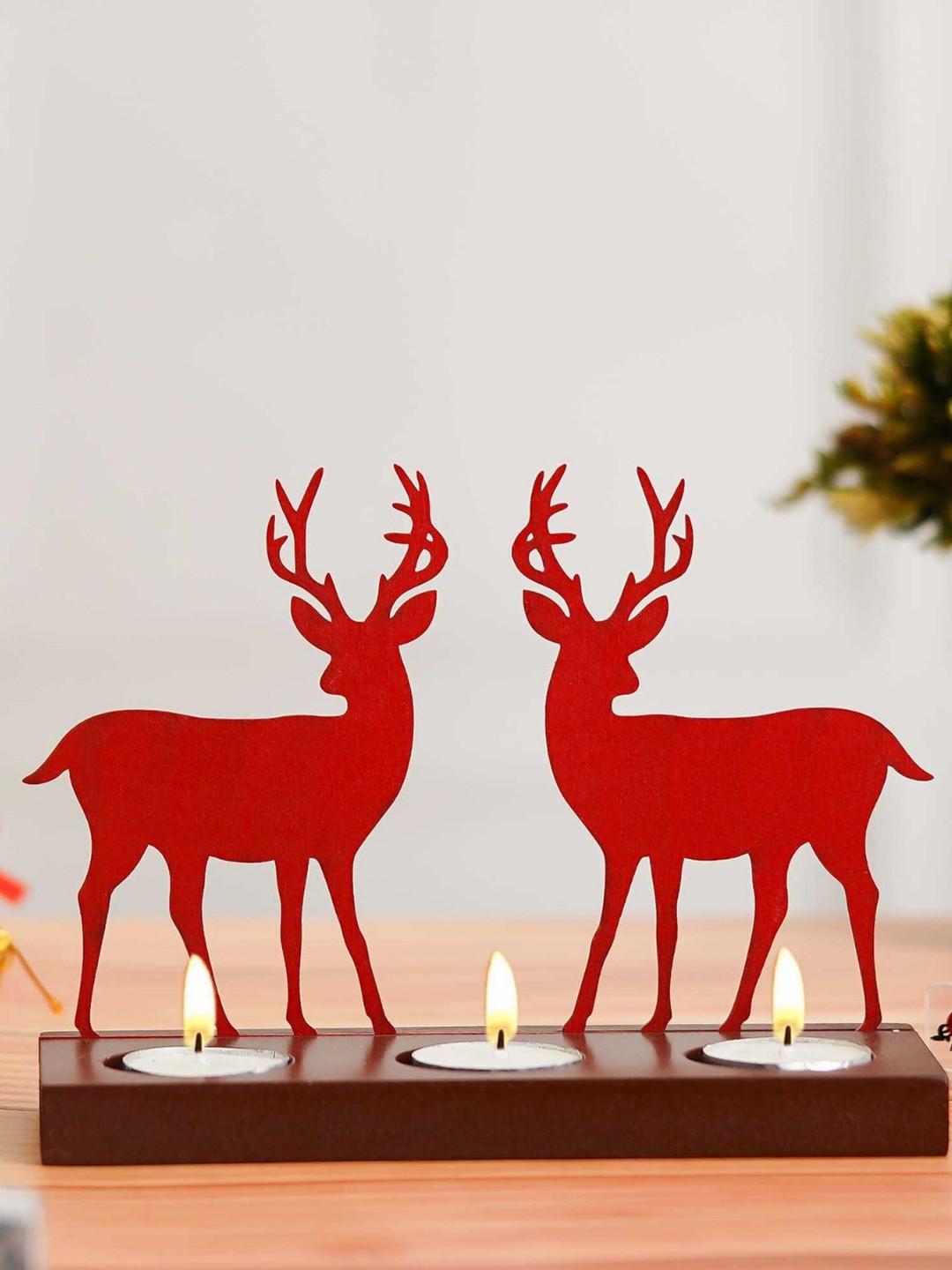 eCraftIndia Red & Brown Reindeer Showpiece Wooden Tea Light Candle Holders