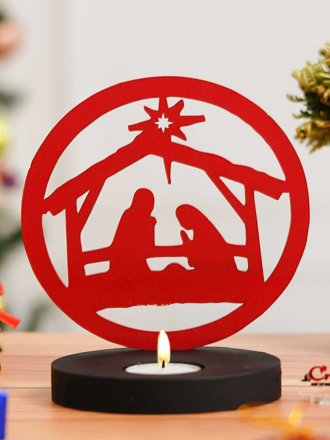 eCraftIndia Red & Brown Nativity Scene Holy Family Jesus Birth Wooden Tea Light Holder