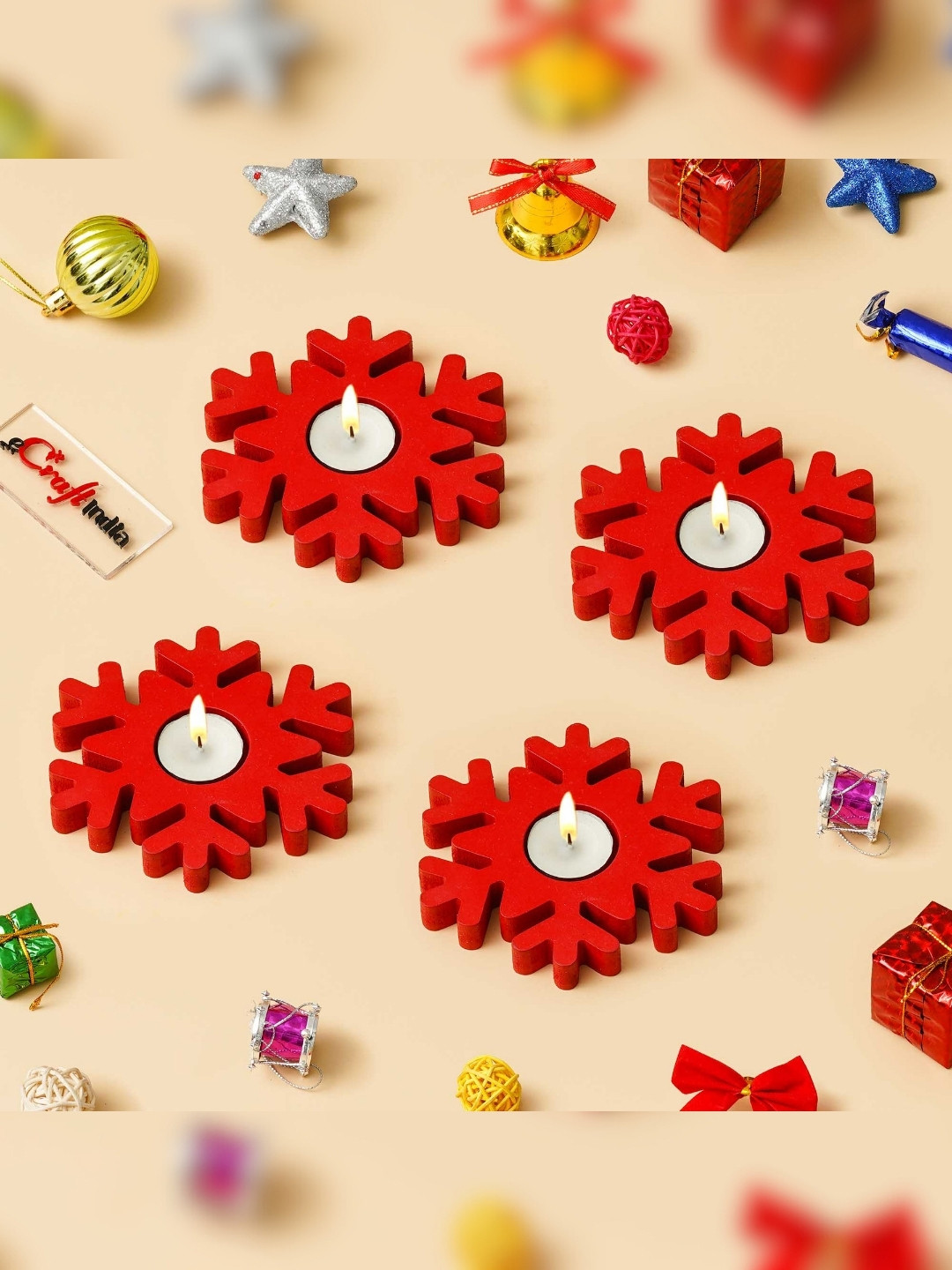 eCraftIndia Red & White 4 Pieces Christmas Snowflake Wooden Tea Light Candle Holders