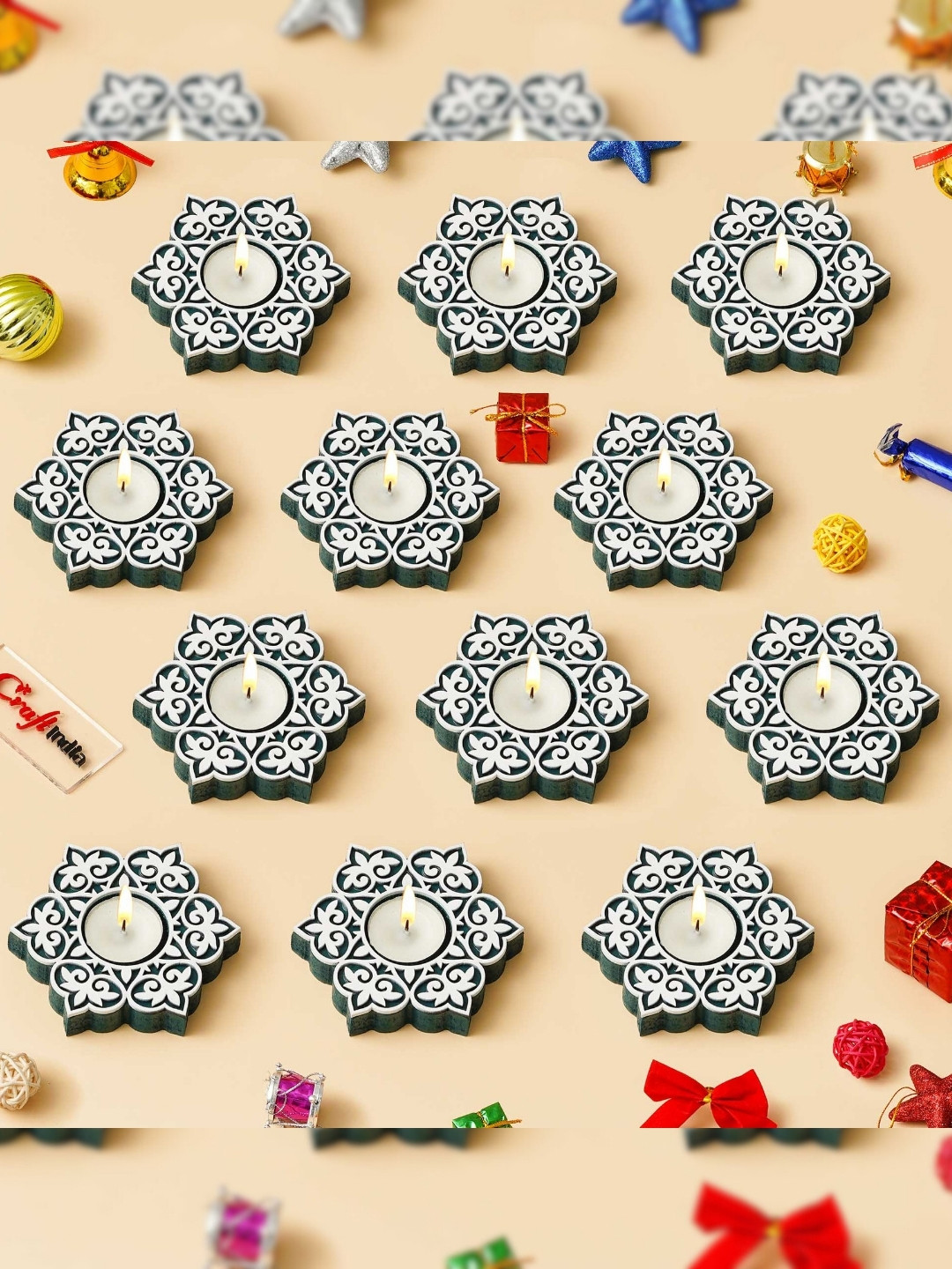 eCraftIndia Green & White 12 Pieces Floral Design Wooden Tea Light Candle Holder