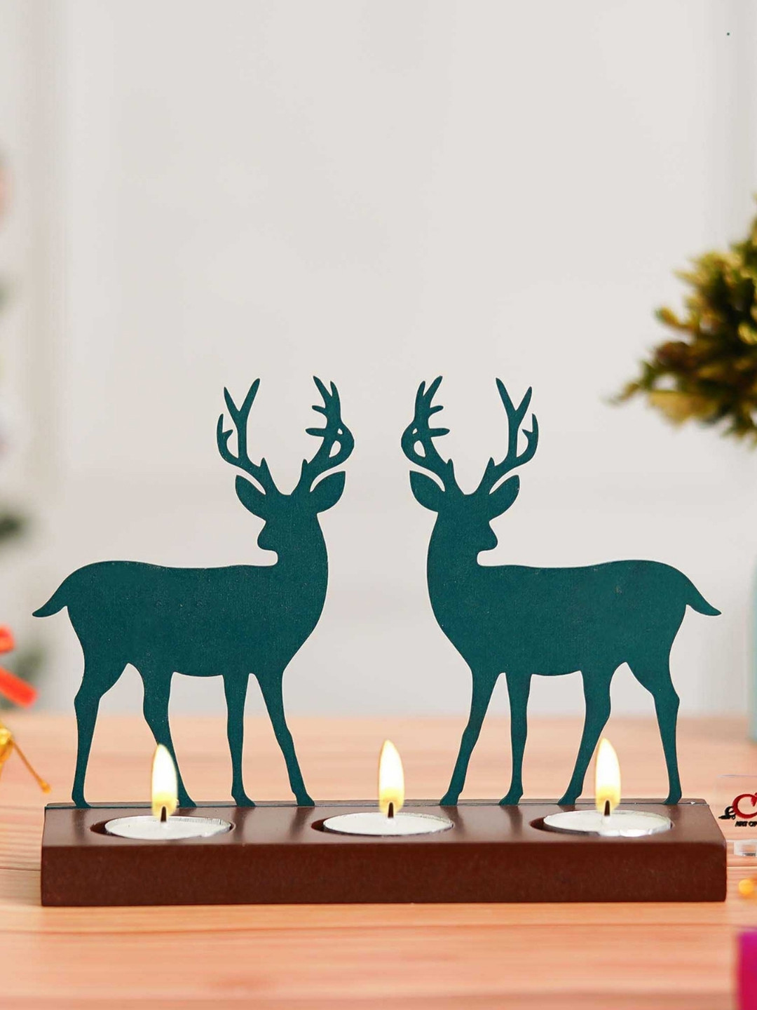 eCraftIndia Green & Brown Reindeer Showpiece Decorative Wooden Tea Light Candle Holders