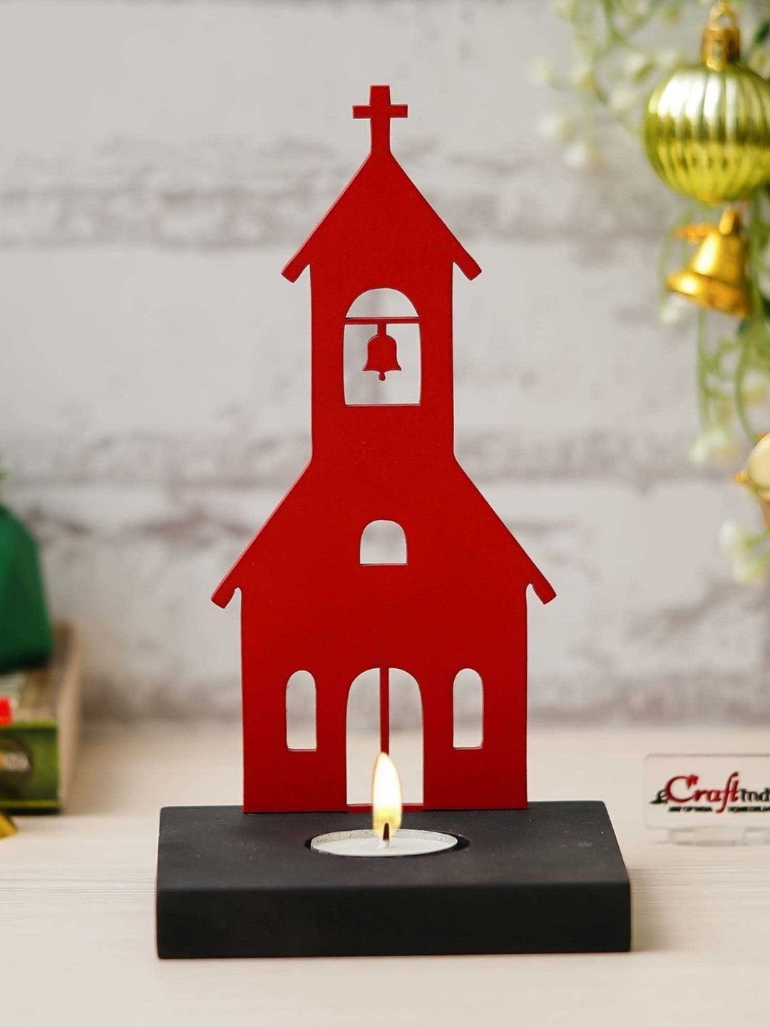 eCraftIndia Red & Black Wooden Merry Christmas Charming Church Tea Light Candle Holder