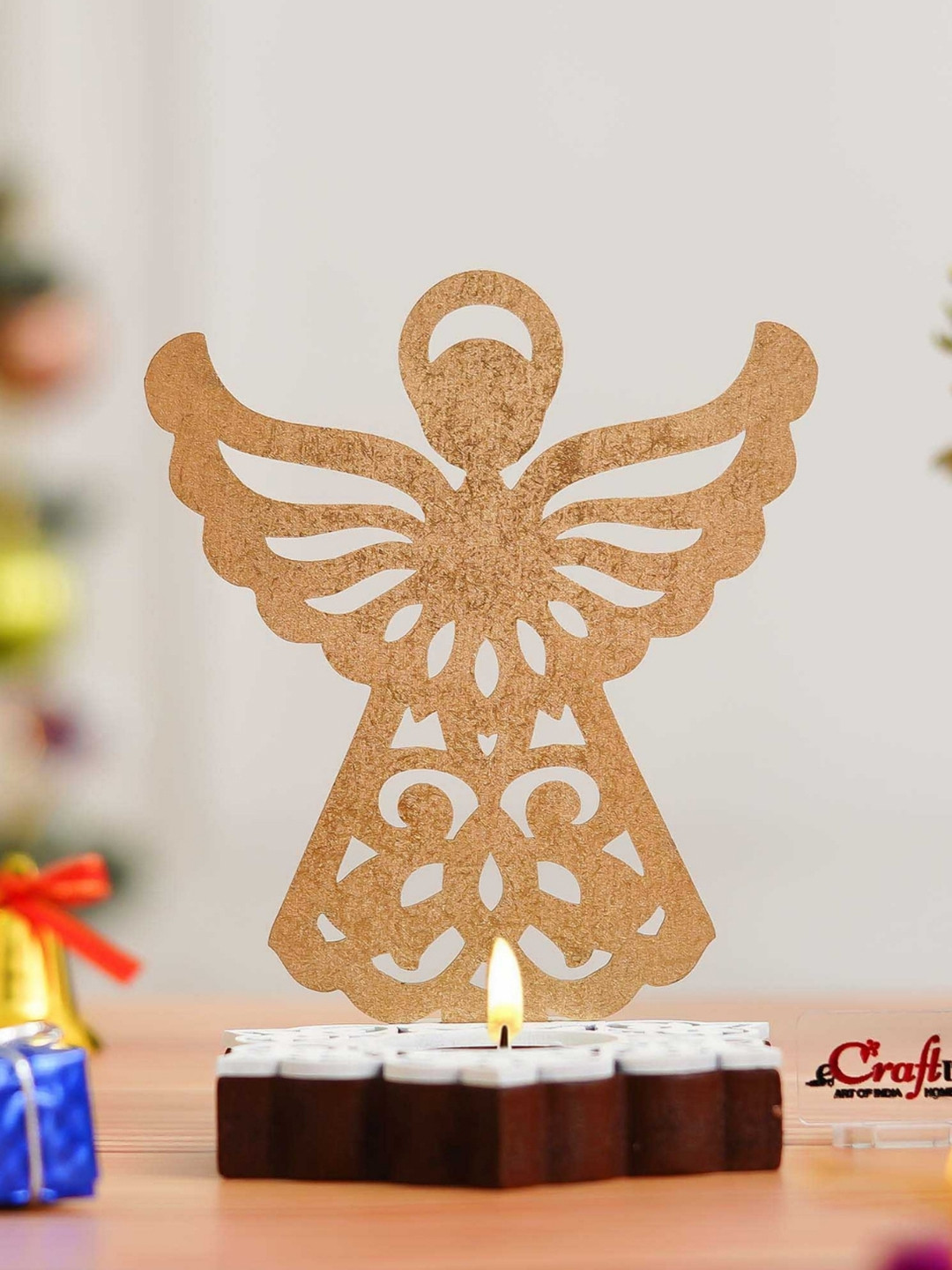 eCraftIndia Gold-Toned & Brown Fairy Showpiece Wooden Tea Light Candle Holders
