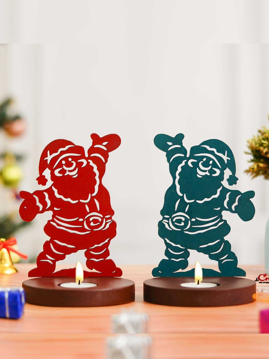 eCraftIndia Red & Green 2 Pieces Christmas Santa Claus Wooden Tea Light Candle Holders