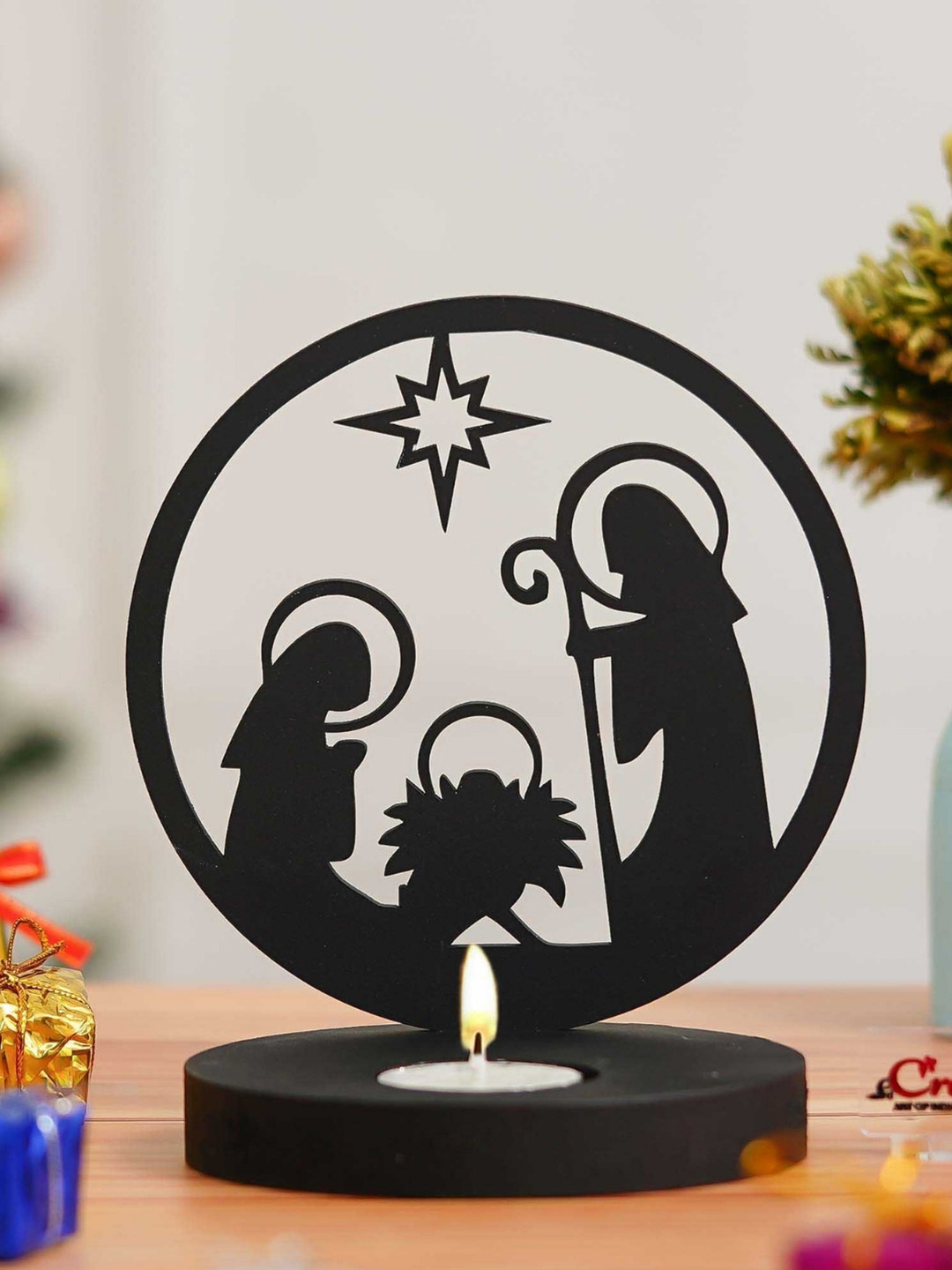 eCraftIndia Black Nativity Scene Jesus Birth Decorative Wooden Tealight Candle Holder