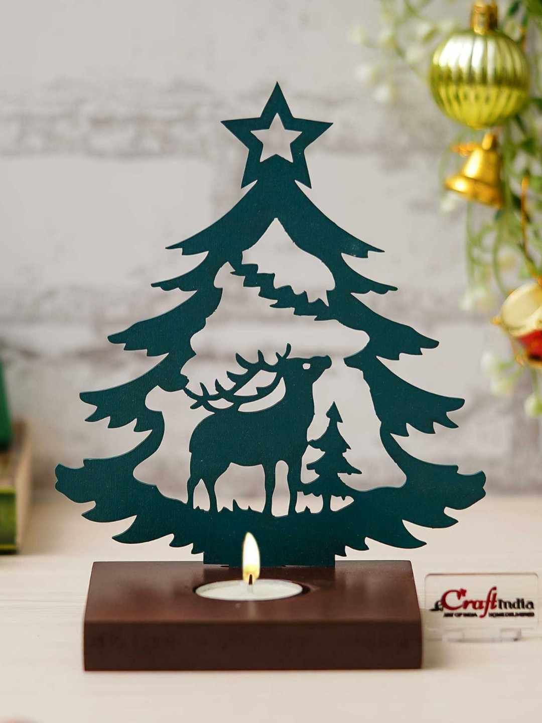 eCraftIndia Green & Brown Merry Christmas Tree Reindeer Wooden Tea Light Candle Holder