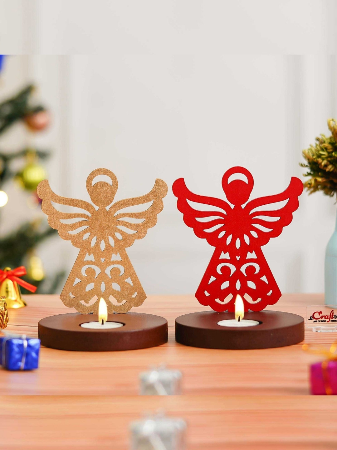 eCraftIndia Red & Gold-Toned 2 Pieces Fairy Showpiece Decorative Tea Light Candle Holders