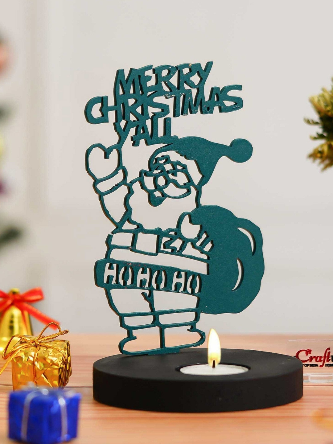 eCraftIndia Green & Black Merry Christmas All Santa Claus Wooden Tealight Candle Holder
