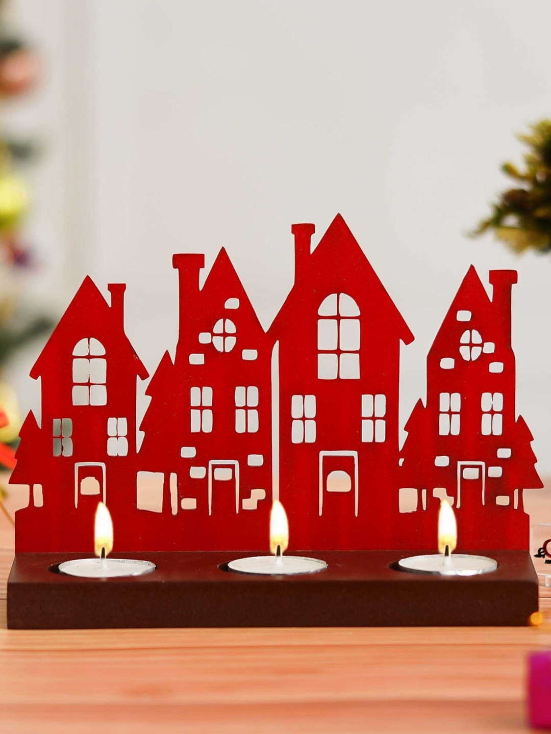 eCraftIndia Red & Brown Merry Christmas Tower Wooden Tea Light Candle Holders