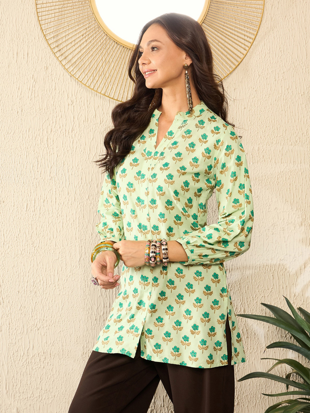 KALINI Floral Print Mandarin Collar Three-Quarter Sleeves Top