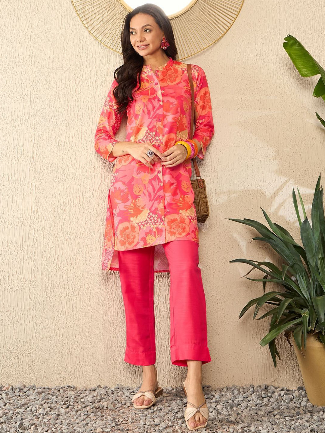 AHIKA Mandarin Collar Printed Tunic With Trousers