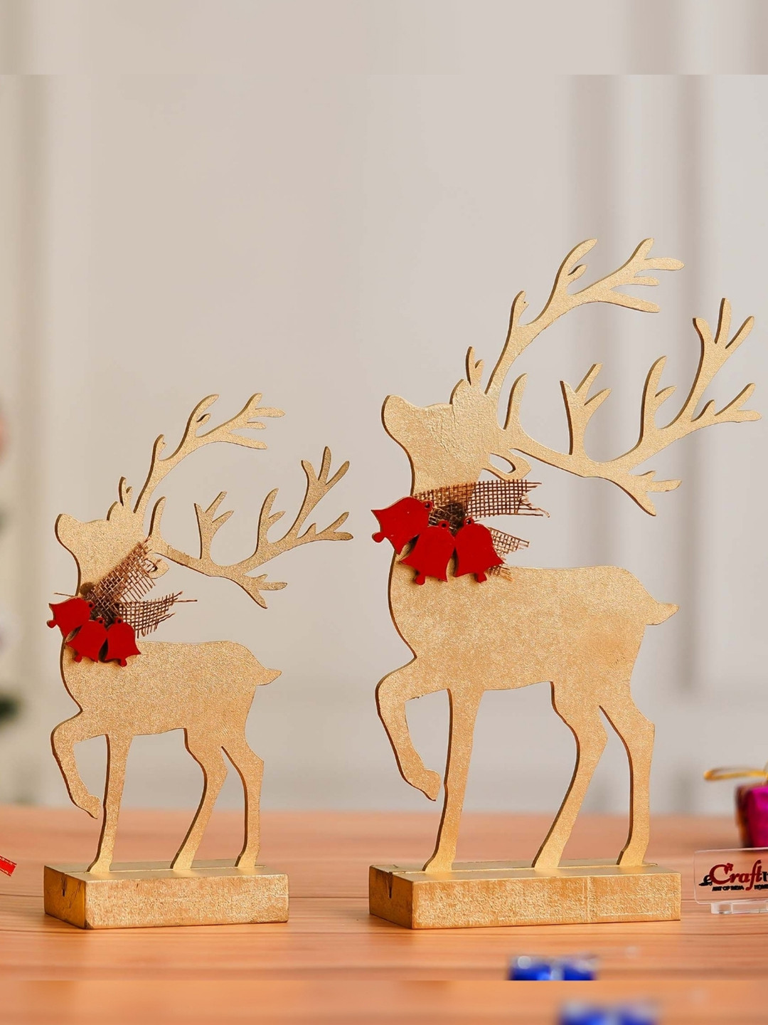 eCraftIndia Red 2 Pieces Birds and Animals Figurine Wooden Christmas Props Showpieces