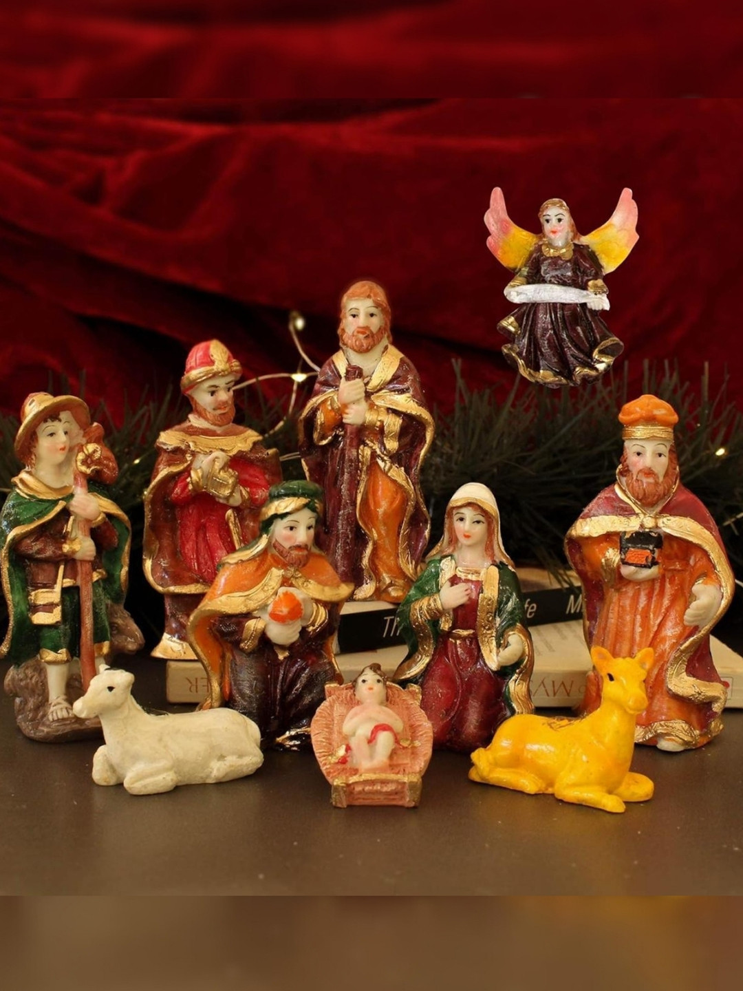eCraftIndia Christmas Nativity Crib Brown Polyresin Matte Living Room Set of 10 Small Showpieces - 3.7 Inches