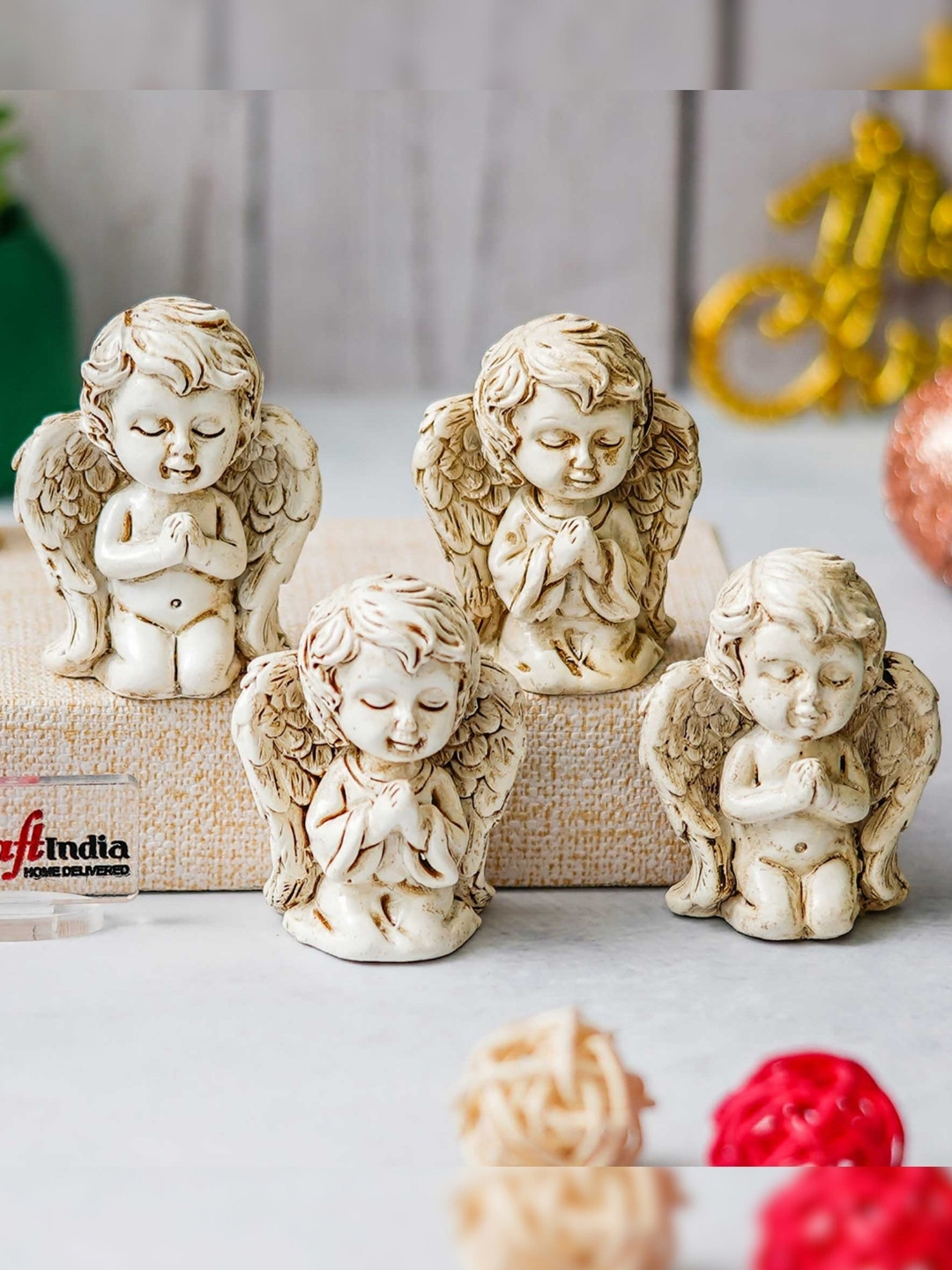 eCraftIndia White 4 Pieces Baby Angel Statues