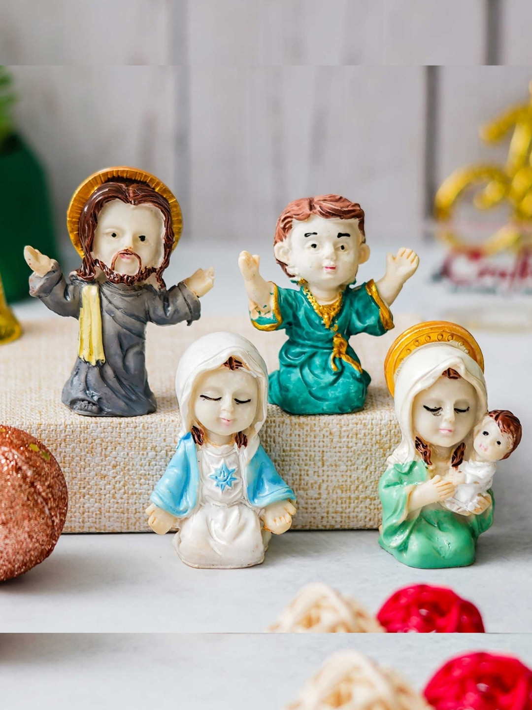 eCraftIndia Christmas Nativity Crib Blue Polyresin Matte Living Room Set of 4 Small Showpieces - 2.4 Inches