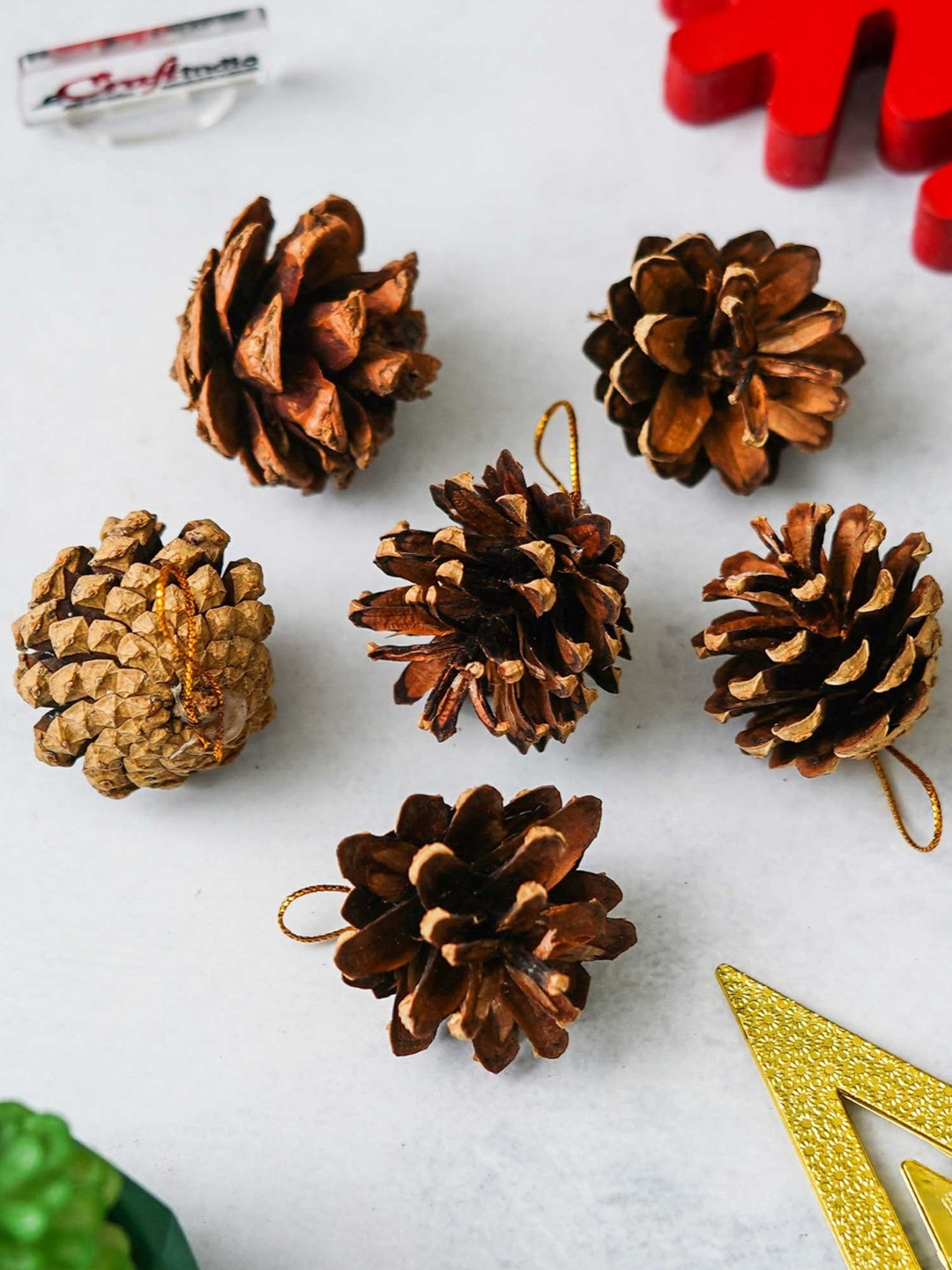 eCraftIndia Brown 6 Pieces Textured Wooden Pine Cone Christmas Decor