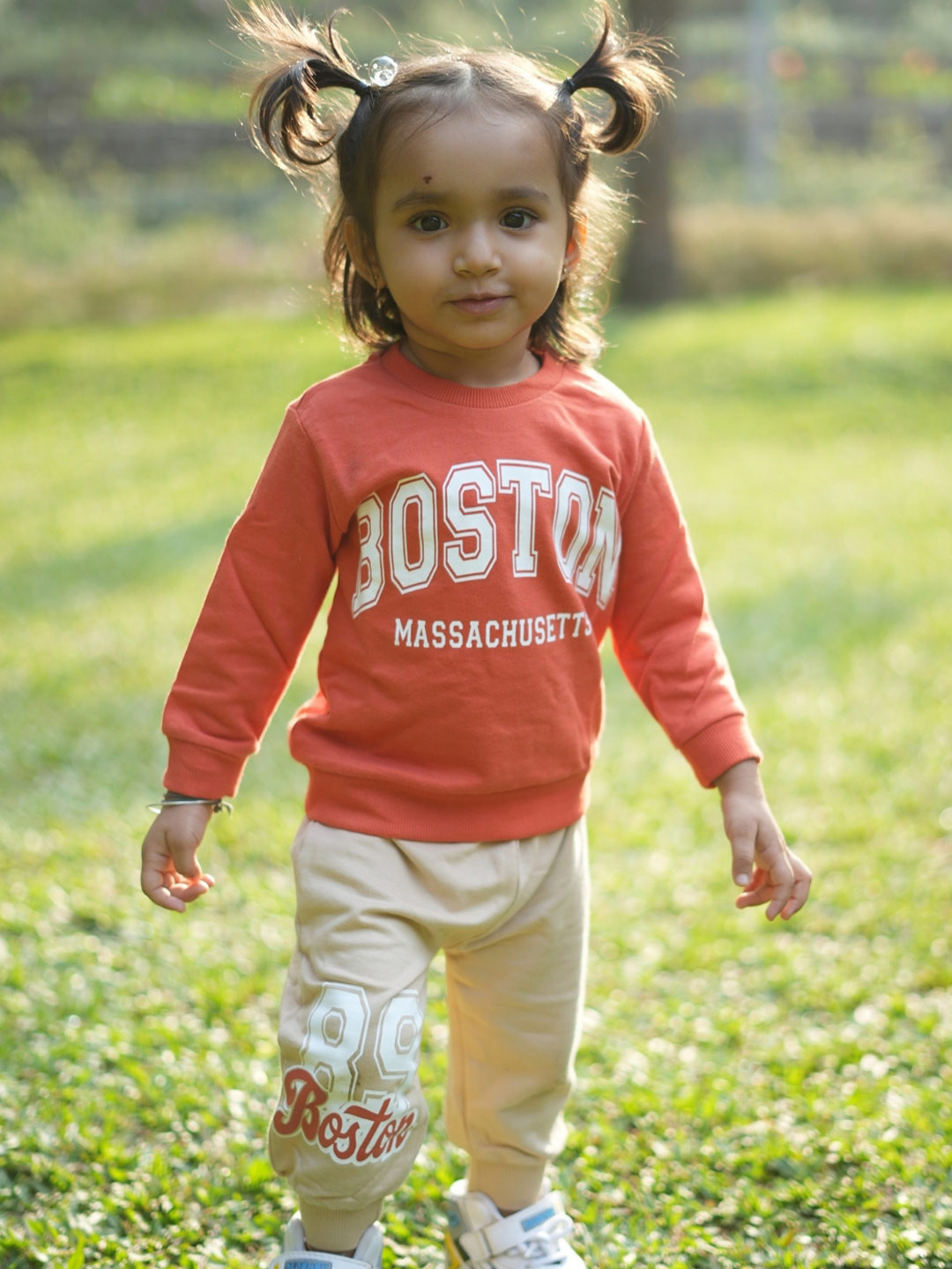 Nap Chief Infant Girls Boston Printed Pure Cotton Round Neck Sweatshirt & Joggers