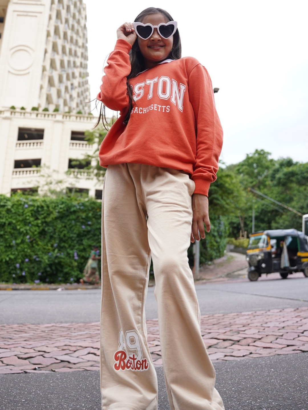 Nap Chief Girls Boston Printed Polo Collar Pure Cotton Oversized Sweatshirt & Trousers