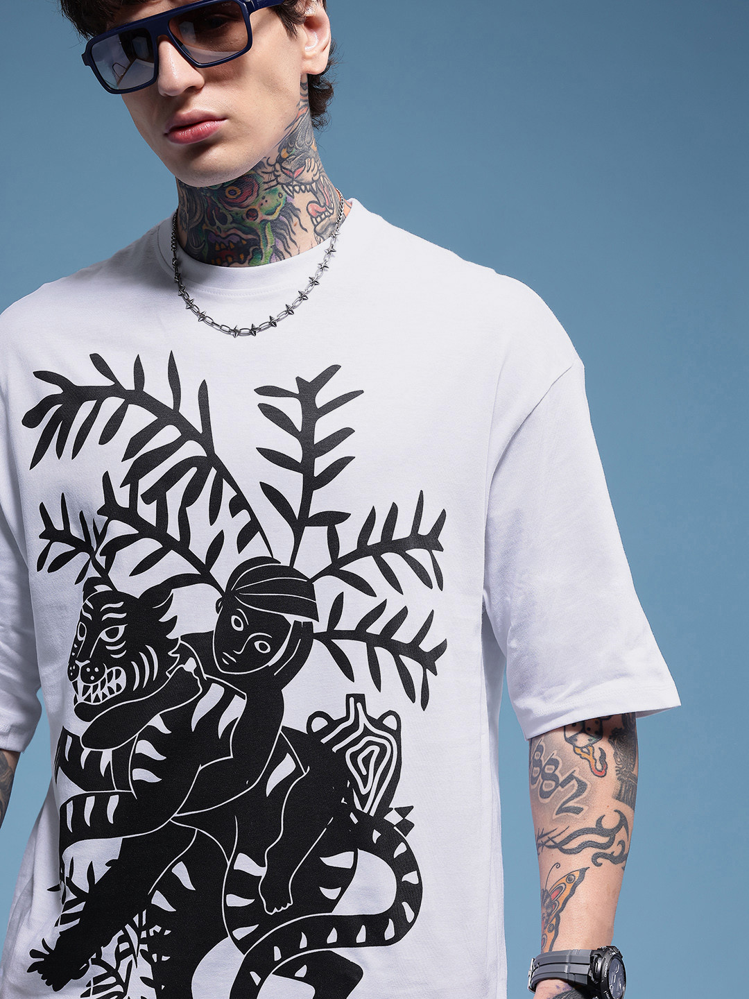 HERE&NOW Pure Cotton Monochrome Graphic Printed Relaxed Fit T-shirt