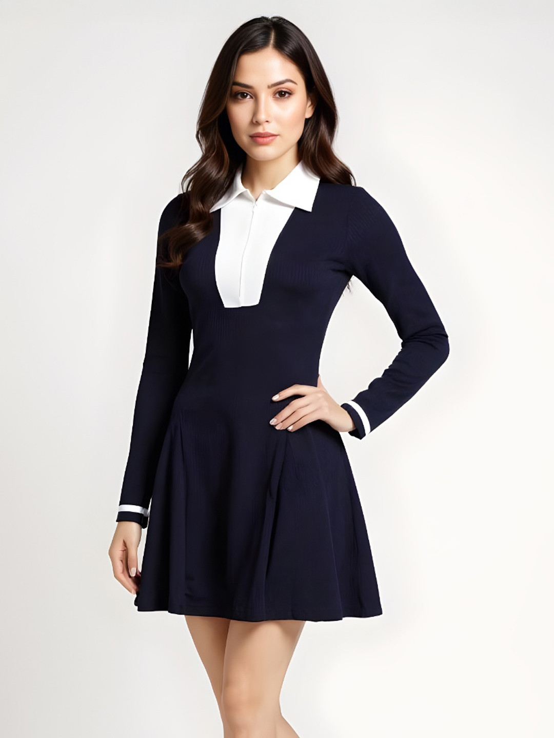 glitchez Colourblocked Ribbed Shirt Collar Zippered Mini A-Line Dress