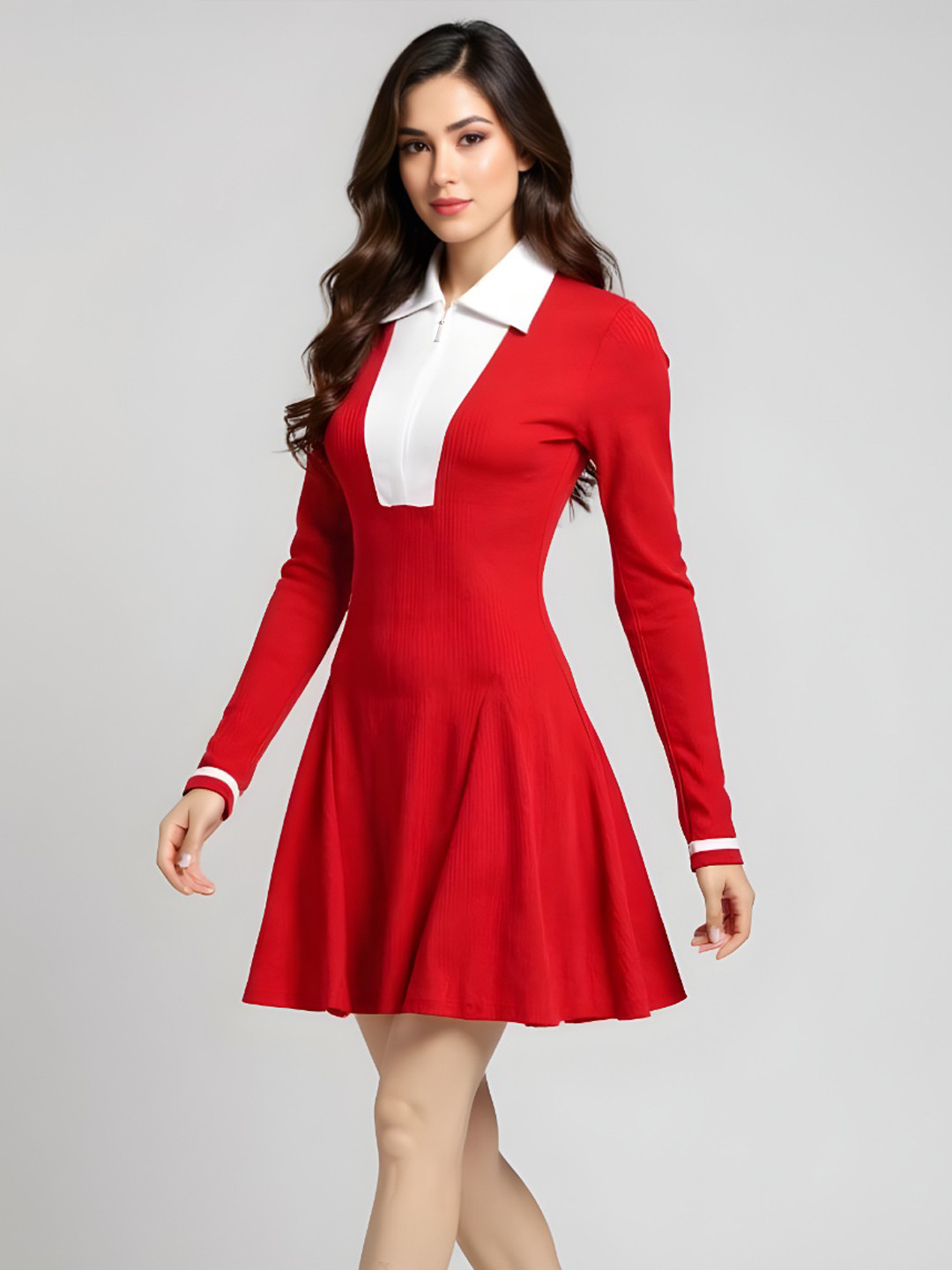 Ribbed Shirt Collar Zippered Mini A-Line Dress